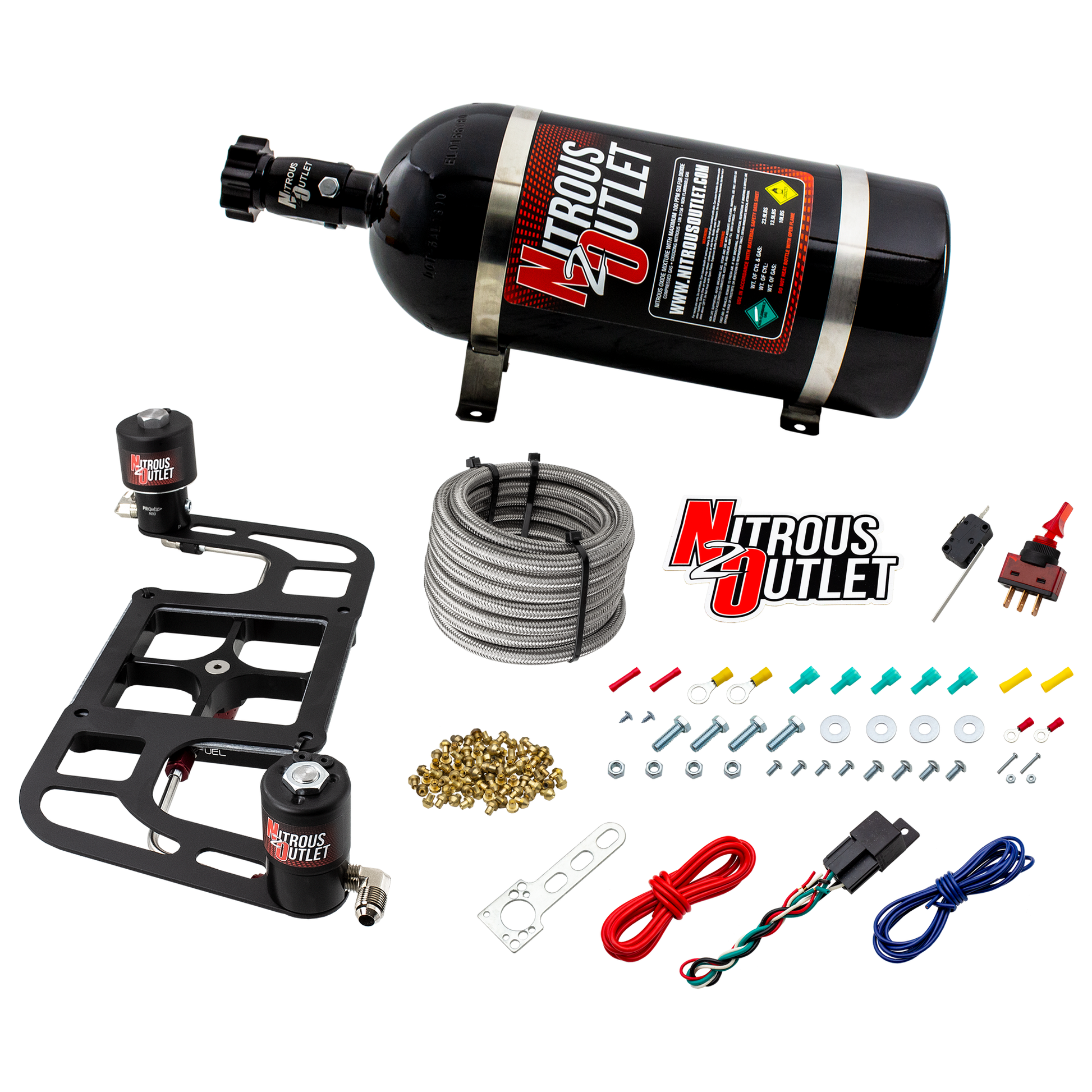Nitrous Outlet 4500 Stinger 2 System - Hard-line/.122 Nitrous Solenoid/.177 Fuel Solenoid/Boomerang Solenoid Bracket - (Gas/E85)(5-55 psi)(50-500 HP)(10lb Bottle)