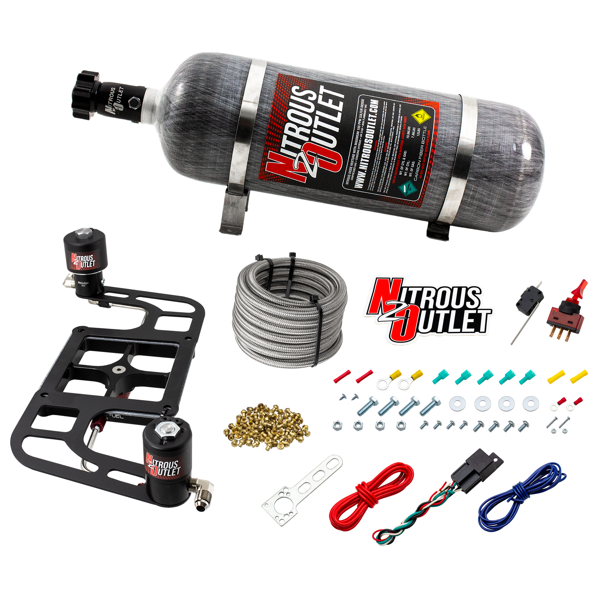 Nitrous Outlet 4500 Stinger 2 System - Hard-line/.122 Nitrous Solenoid/.177 Fuel Solenoid/Boomerang Solenoid Bracket - (Gas/E85)(5-55 psi)(50-500 HP)(12lb Bottle)