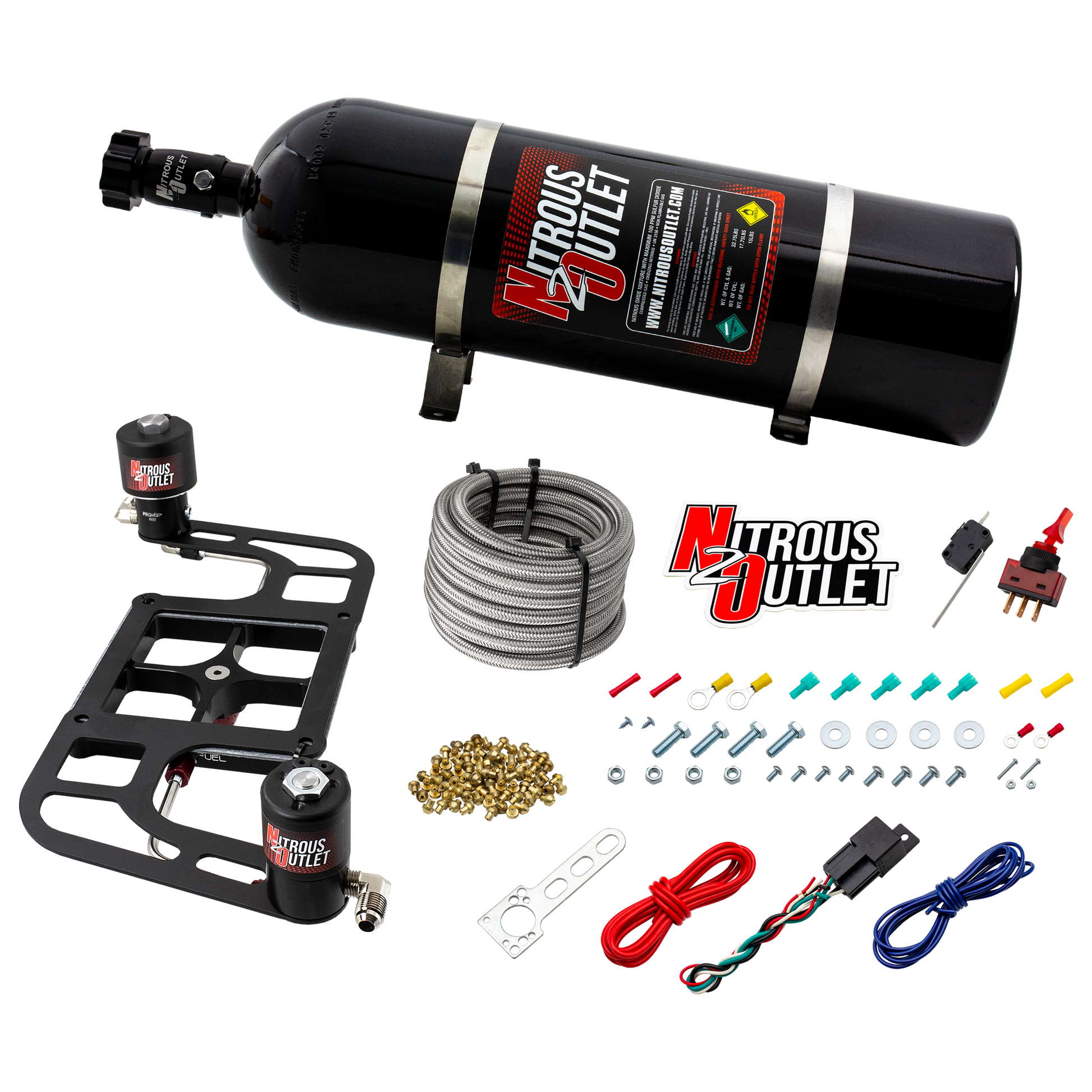 Nitrous Outlet 4500 Stinger 2 System - Hard-line/.122 Nitrous Solenoid/.177 Fuel Solenoid/Boomerang Solenoid Bracket - (Gas/E85)(5-55 psi)(50-500 HP)(15lb Bottle)