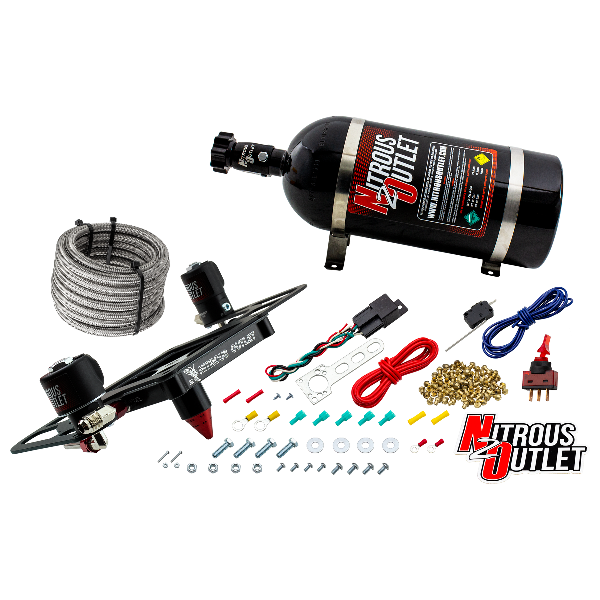 Nitrous Outlet 4500 Stinger 3 System - Hard-line/.122 Nitrous Solenoid/.177 Fuel Solenoid/Boomerang Solenoid Bracket - (Gas/E85)(5-55 psi)(50-500 HP)(10lb Bottle)