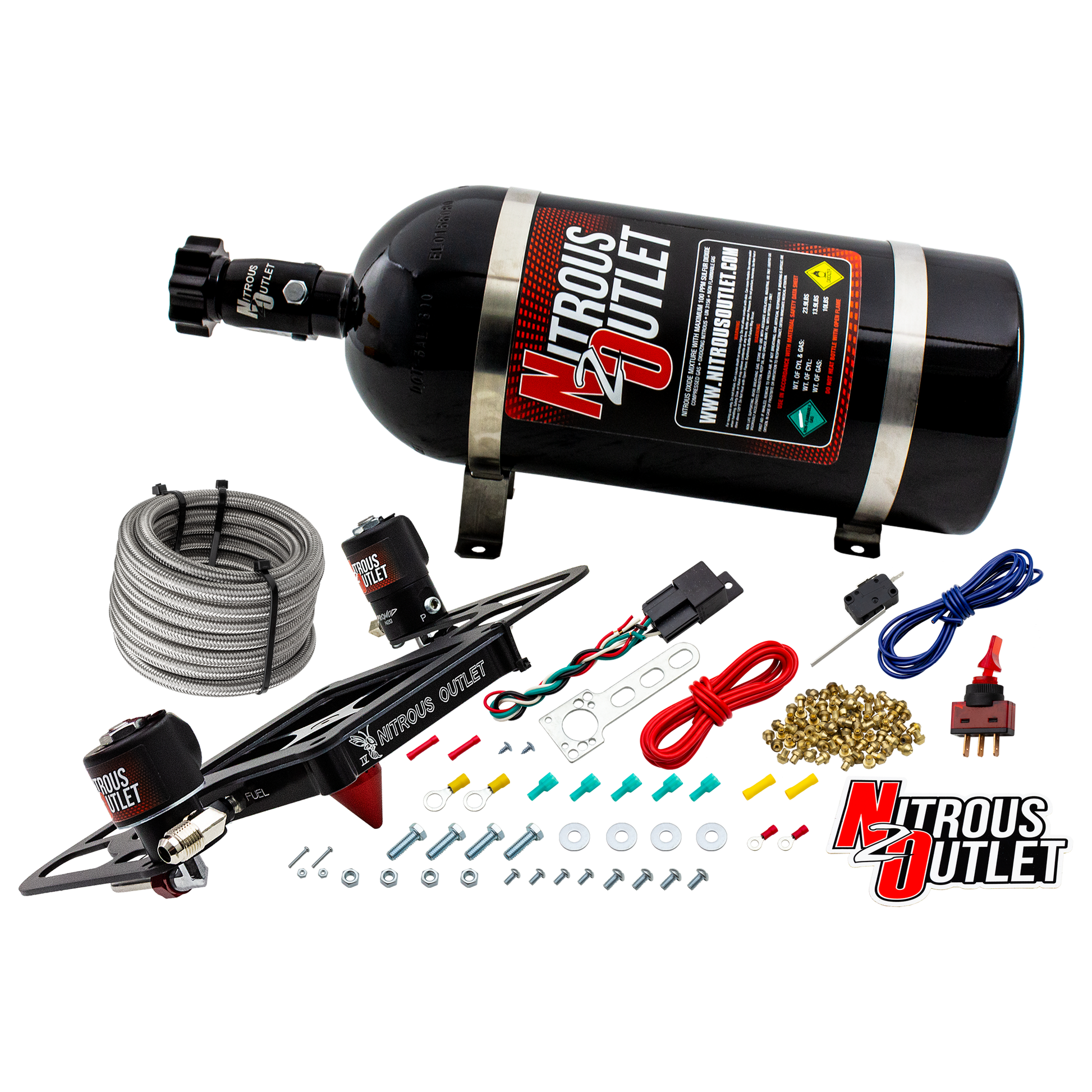 Nitrous Outlet 4500 Stinger 4 System - Hard-line/.122 Nitrous Solenoid/.177 Fuel Solenoid/Boomerang Solenoid Bracket - (Gas/E85)(5-55 psi)(50-500 HP)(10lb Bottle)