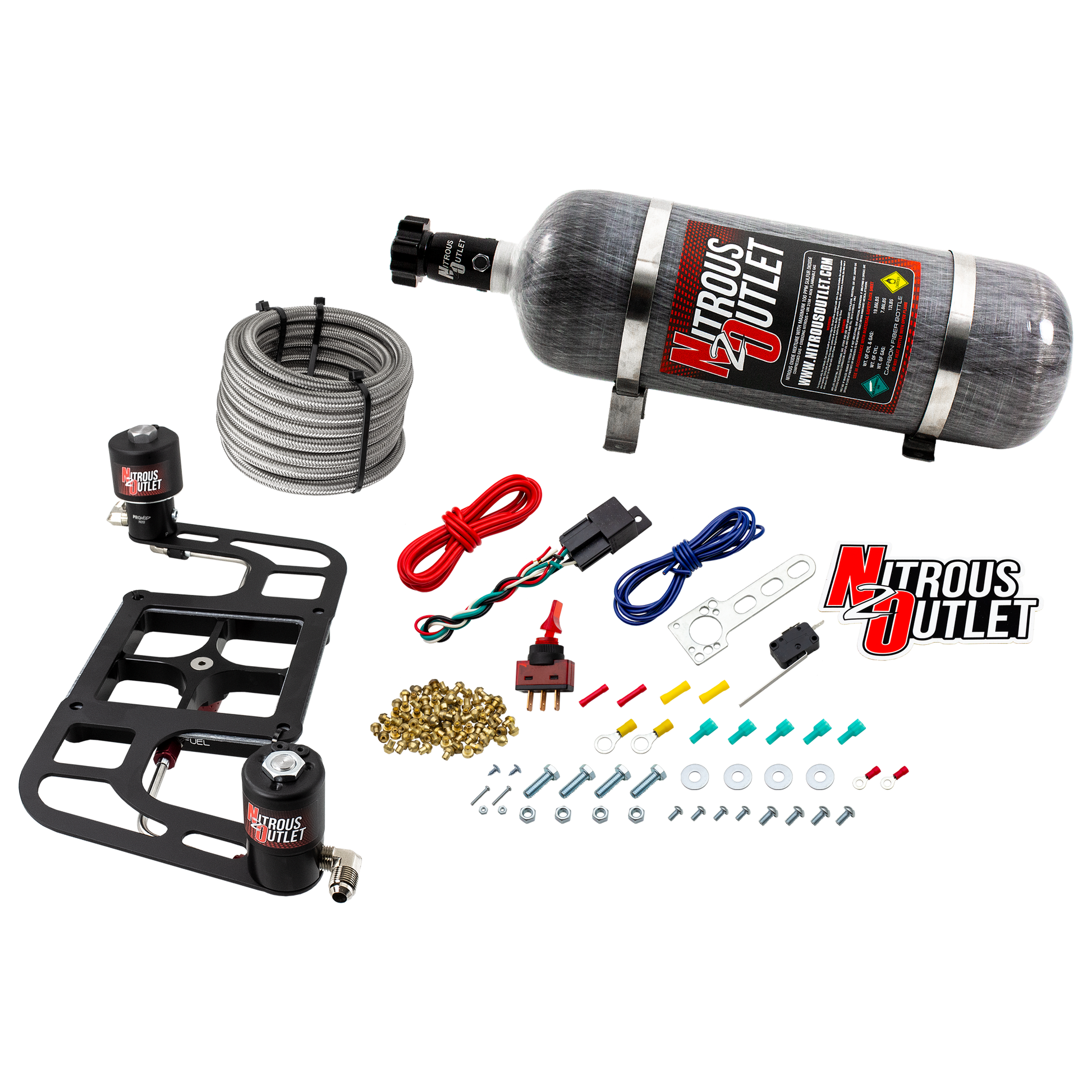 Nitrous Outlet 4500 Stinger 2 Race System - Hard-line/.178 Trashcan Nitrous Solenoid/.310 Fuel Solenoid/Boomerang Solenoid Bracket - (Gas/E85)(5-55 psi)(50-600 HP)(12lb Bottle)