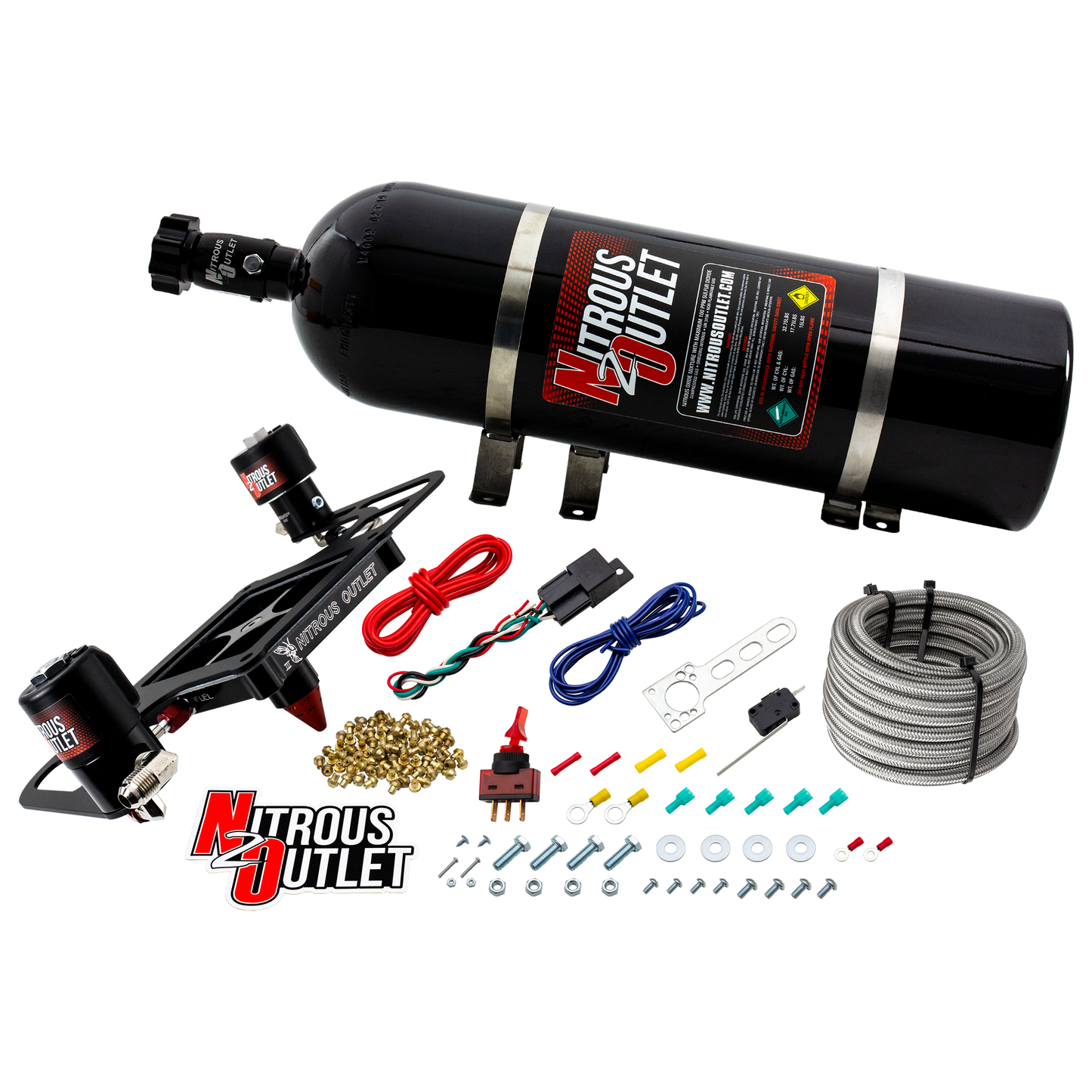 Nitrous Outlet 4500 Stinger 3 Race System - Hard-line/.178 Trashcan Nitrous Solenoid/.310 Fuel Solenoid/Boomerang Solenoid Bracket - (Gas/E85)(5-55 psi)(50-600 HP)(15lb Bottle)