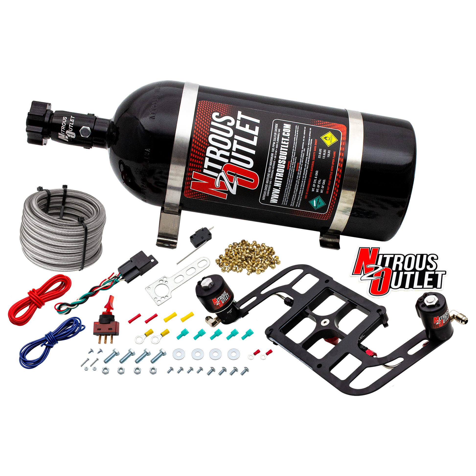 Nitrous Outlet 4500 Stinger 4 Race System - Hard-line/.178 Trashcan Nitrous Solenoid/.310 Fuel Solenoid/Boomerang Solenoid Bracket - (Gas/E85)(5-55 psi)(50-600 HP)(10lb Bottle)