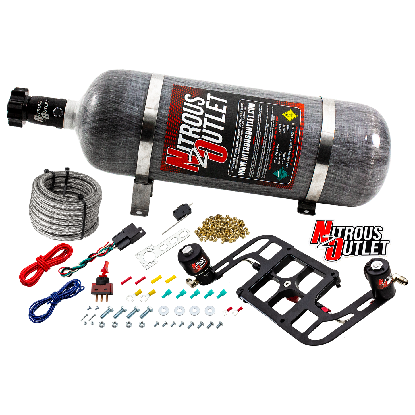 Nitrous Outlet 4500 Stinger 4 Race System - Hard-line/.178 Trashcan Nitrous Solenoid/.310 Fuel Solenoid/Boomerang Solenoid Bracket - (Gas/E85)(5-55 psi)(50-600 HP)(12lb Bottle)