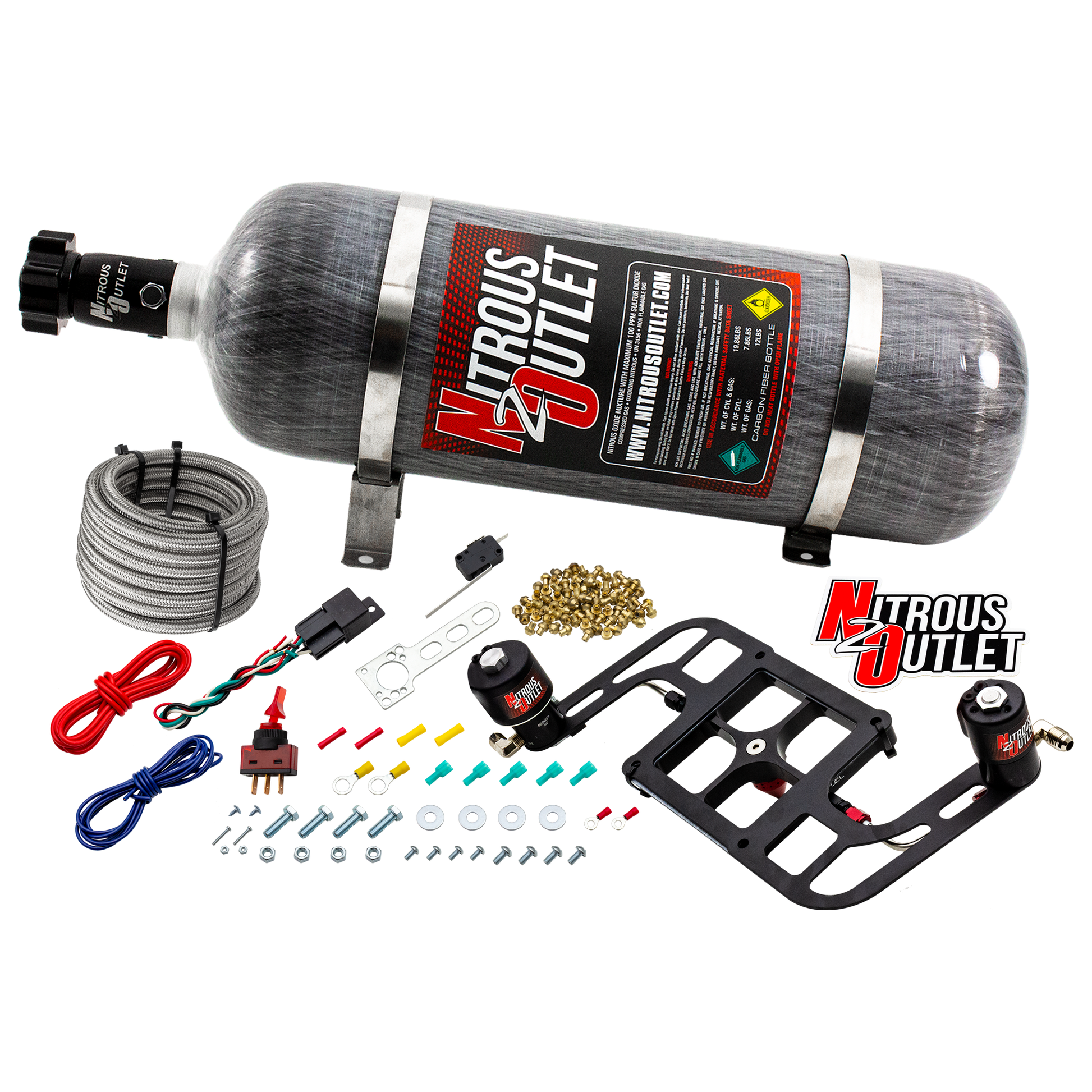 Nitrous Outlet 4500 Stinger 4 Race System - Hard-line/.178 Trashcan Nitrous Solenoid/.310 Fuel Solenoid/Boomerang Solenoid Bracket - (Gas/E85)(5-55 psi)(50-600 HP)(12lb Bottle)