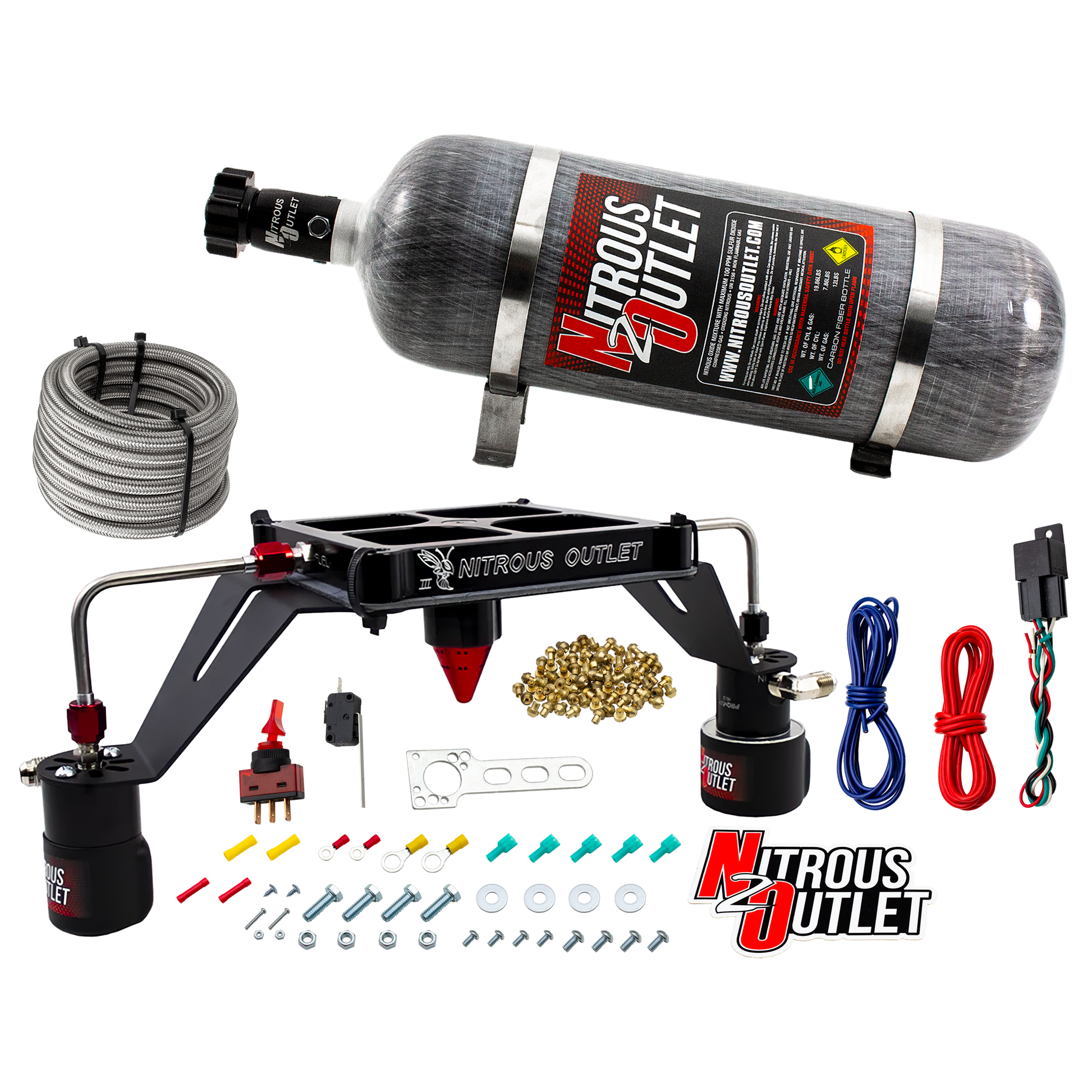 Nitrous Outlet 4500 Stinger 3 Race System - Hard-line/.178 Trashcan Nitrous Solenoid/.310 Fuel Solenoid/Deep Break Solenoid Bracket/Solenoids Mount Upside Down - (Gas/E85)(5-55 psi)(50-600 HP)(12lb Bottle)