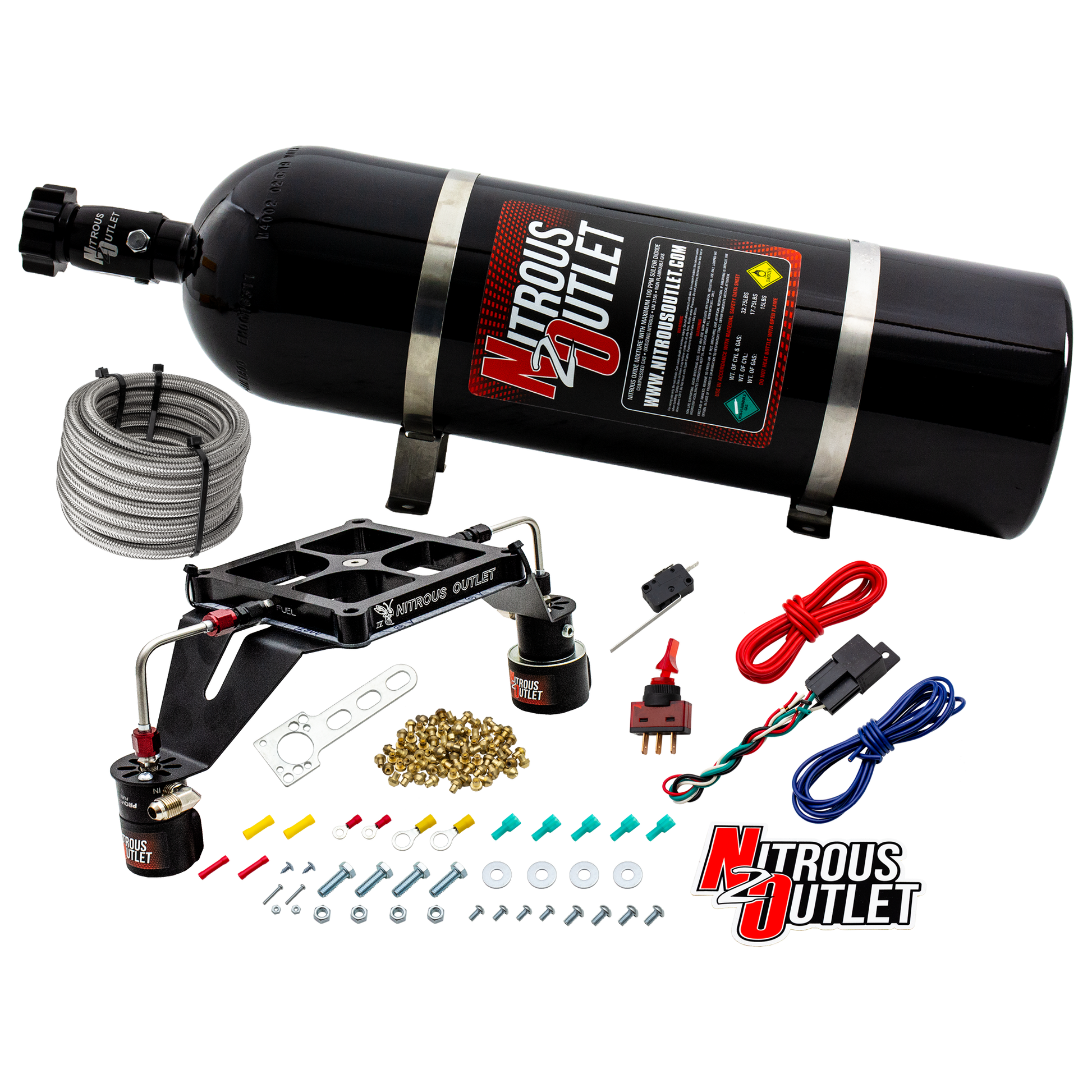 Nitrous Outlet 4500 Stinger 4 Race System - Hard-line/.178 Trashcan Nitrous Solenoid/.310 Fuel Solenoid/Deep Break Solenoid Bracket/Solenoids Mount Upside Down - (Gas/E85)(5-55 psi)(50-600 HP)(15lb Bottle)