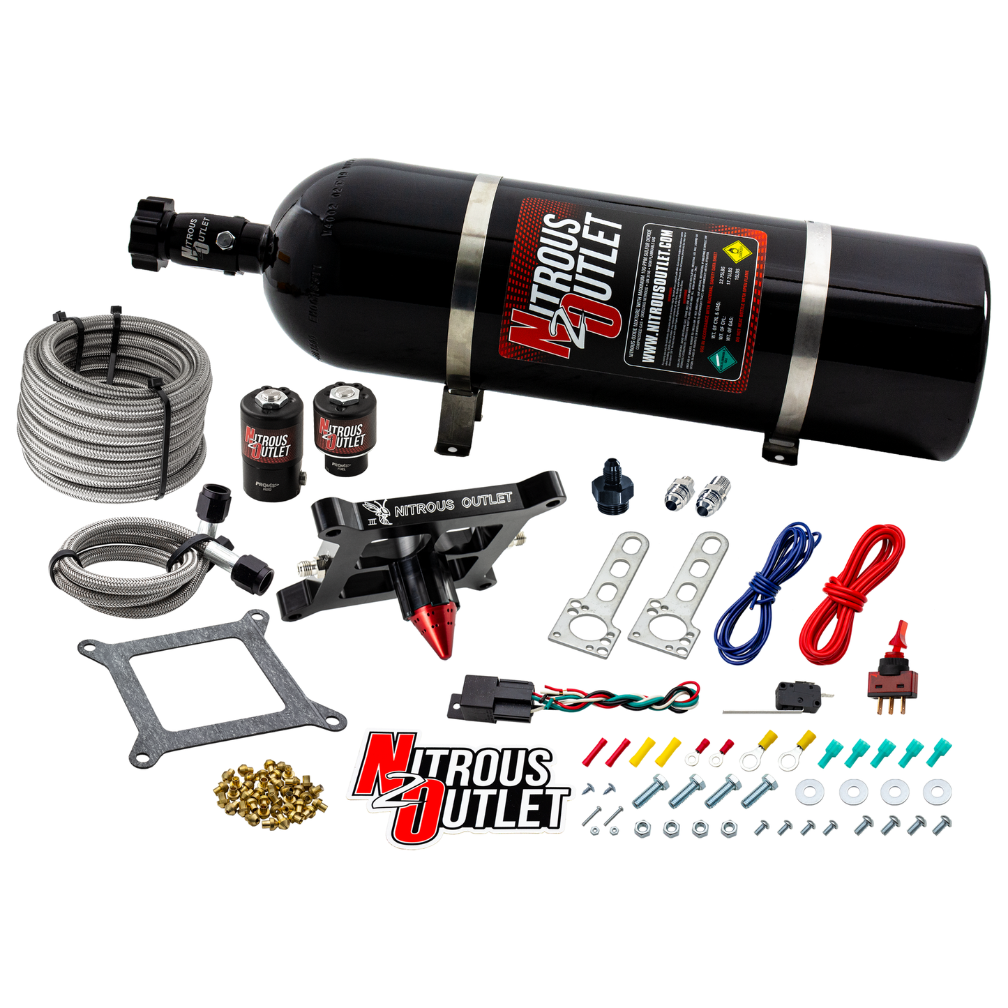 Nitrous Outlet 4150 Stinger 2 Dry System - Braided Hoses/.122 Nitrous Solenoid/Universal Solenoid Bracket - (50-500 HP)(15lb Bottle)