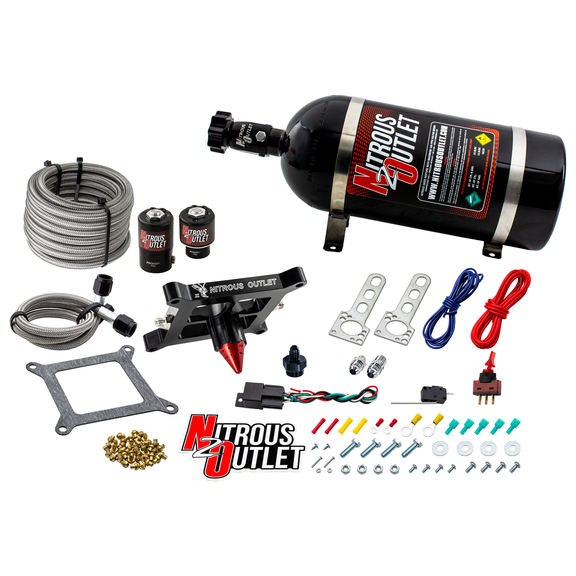 Nitrous Outlet 4150 Stinger 3 Dry System - Braided Hoses/.122 Nitrous Solenoid/Universal Solenoid Bracket - (50-500 HP)(10lb Bottle)