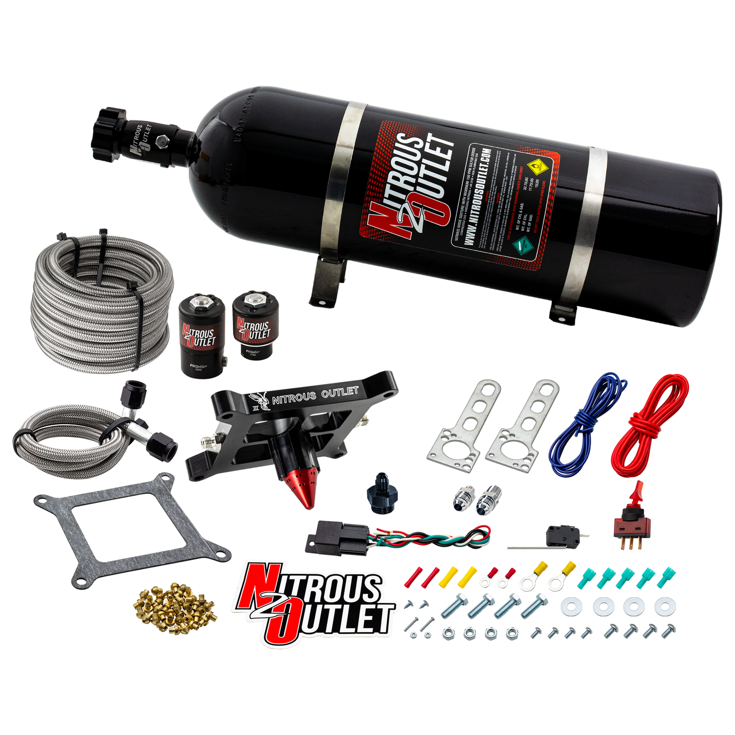 Nitrous Outlet 4150 Stinger 3 Dry System - Braided Hoses/.122 Nitrous Solenoid/Universal Solenoid Bracket - (50-500 HP)(15lb Bottle)