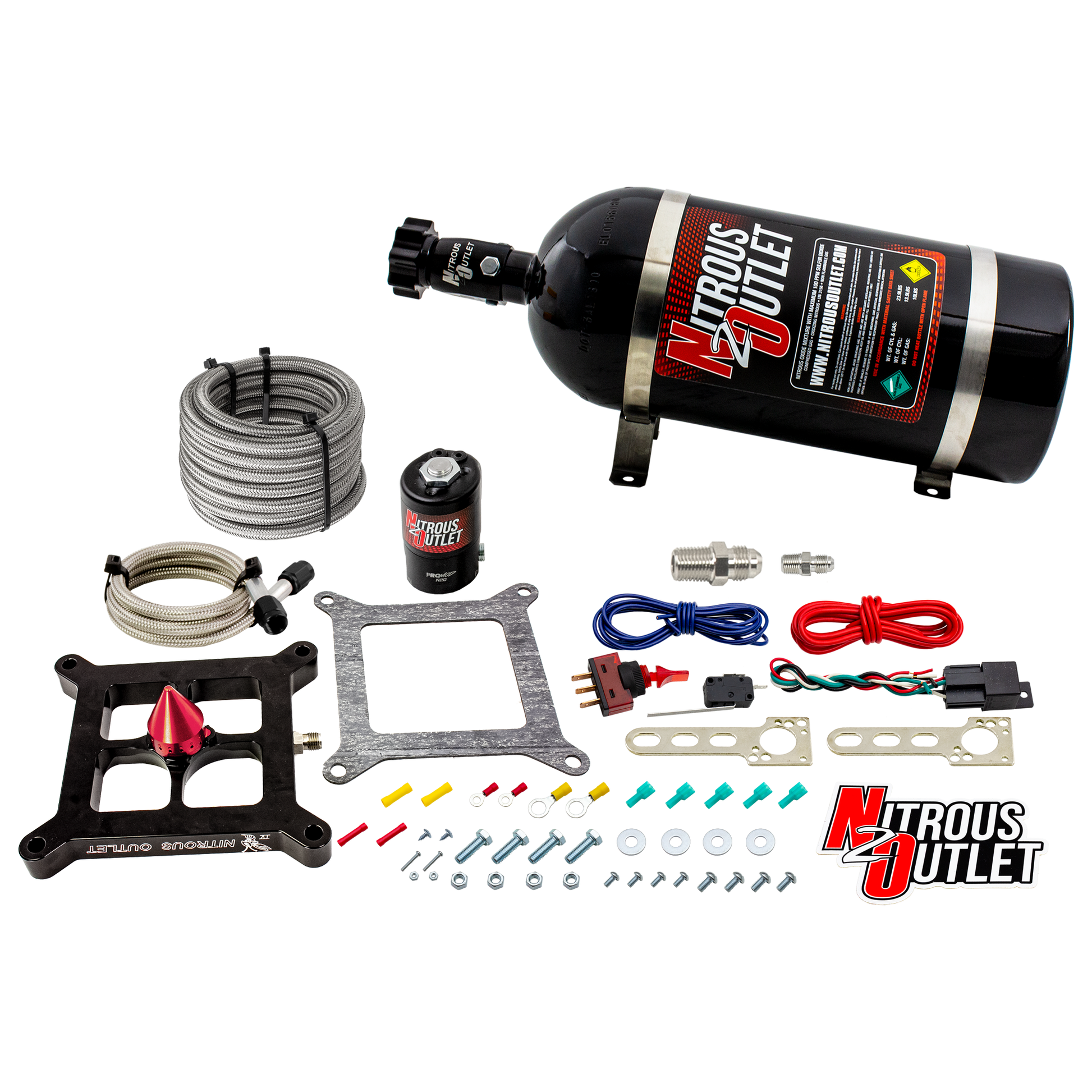 Nitrous Outlet 4150 Stinger 4 Dry System - Braided Hoses/.122 Nitrous Solenoid/Universal Solenoid Bracket - (50-500 HP)(10lb Bottle)