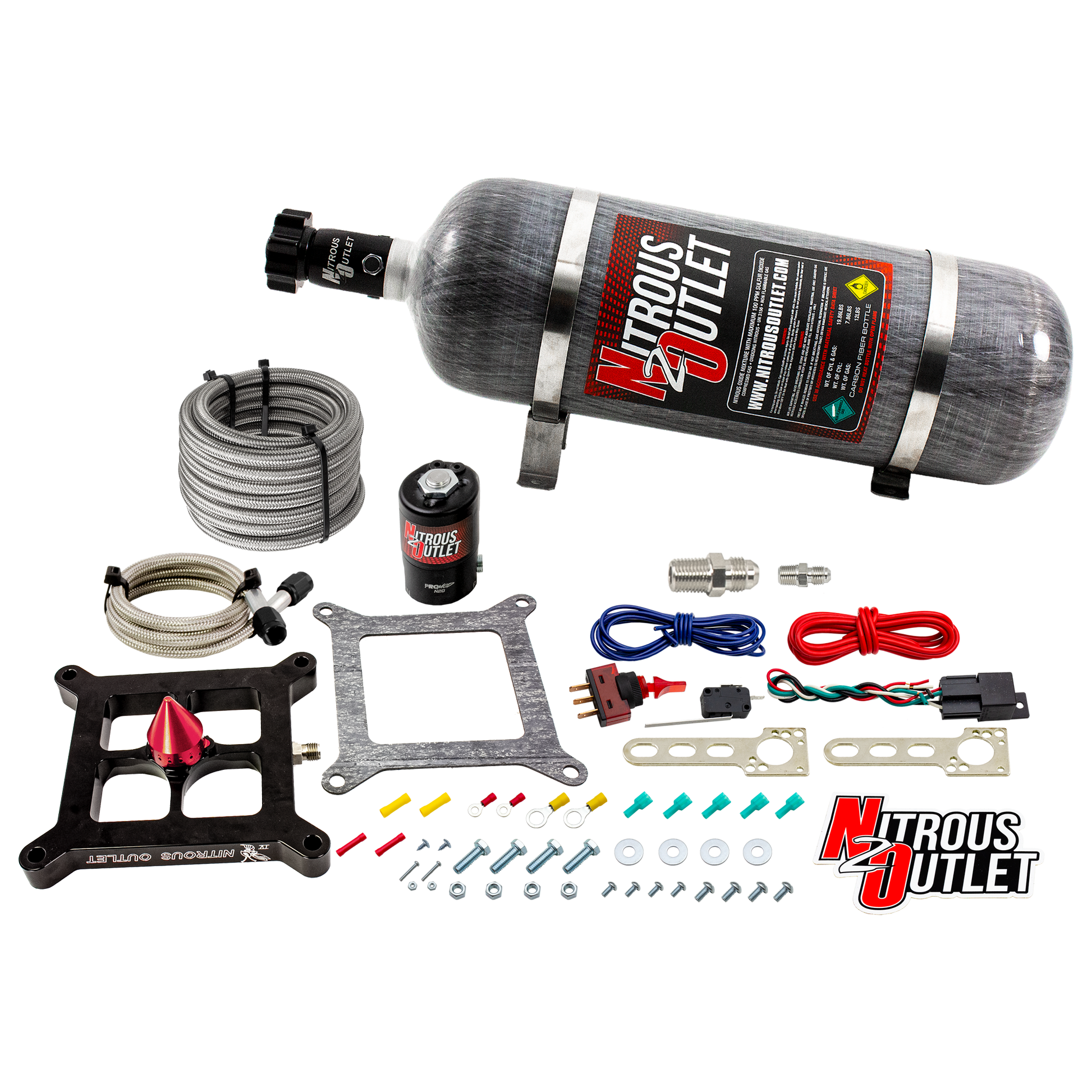 Nitrous Outlet 4150 Stinger 4 Dry System - Braided Hoses/.122 Nitrous Solenoid/Universal Solenoid Bracket - (50-500 HP)(12lb Bottle)
