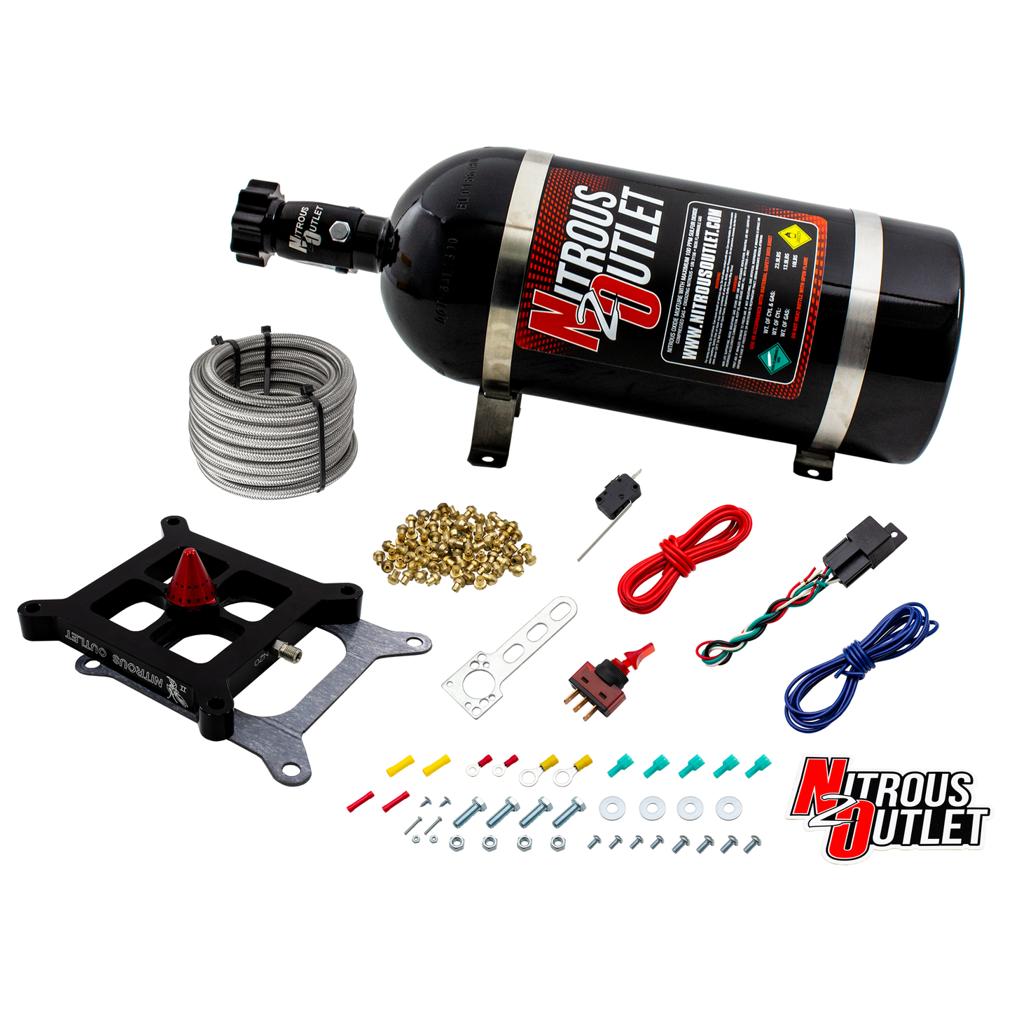 Nitrous Outlet 4150 Stinger 2 Dry Race System - Braided Hoses/.178 Trashcan Nitrous Solenoid/Universal Solenoid Bracket - (50-600 HP)(10lb Bottle)
