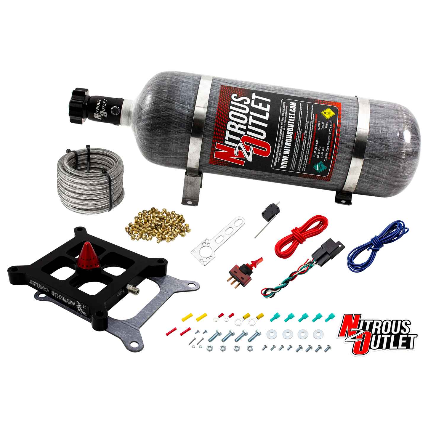 Nitrous Outlet 4150 Stinger 2 Dry Race System - Braided Hoses/.178 Trashcan Nitrous Solenoid/Universal Solenoid Bracket - (50-600 HP)(12lb Bottle)
