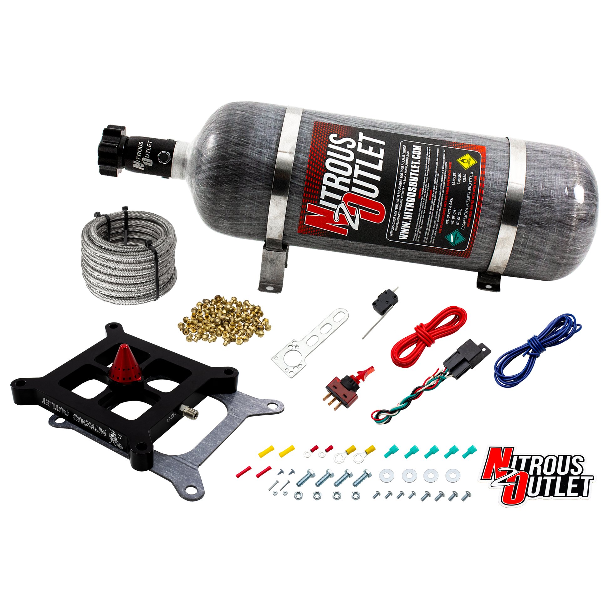 Nitrous Outlet 4150 Stinger 2 Dry Race System - Braided Hoses/.178 Trashcan Nitrous Solenoid/Universal Solenoid Bracket - (50-600 HP)(12lb Bottle)