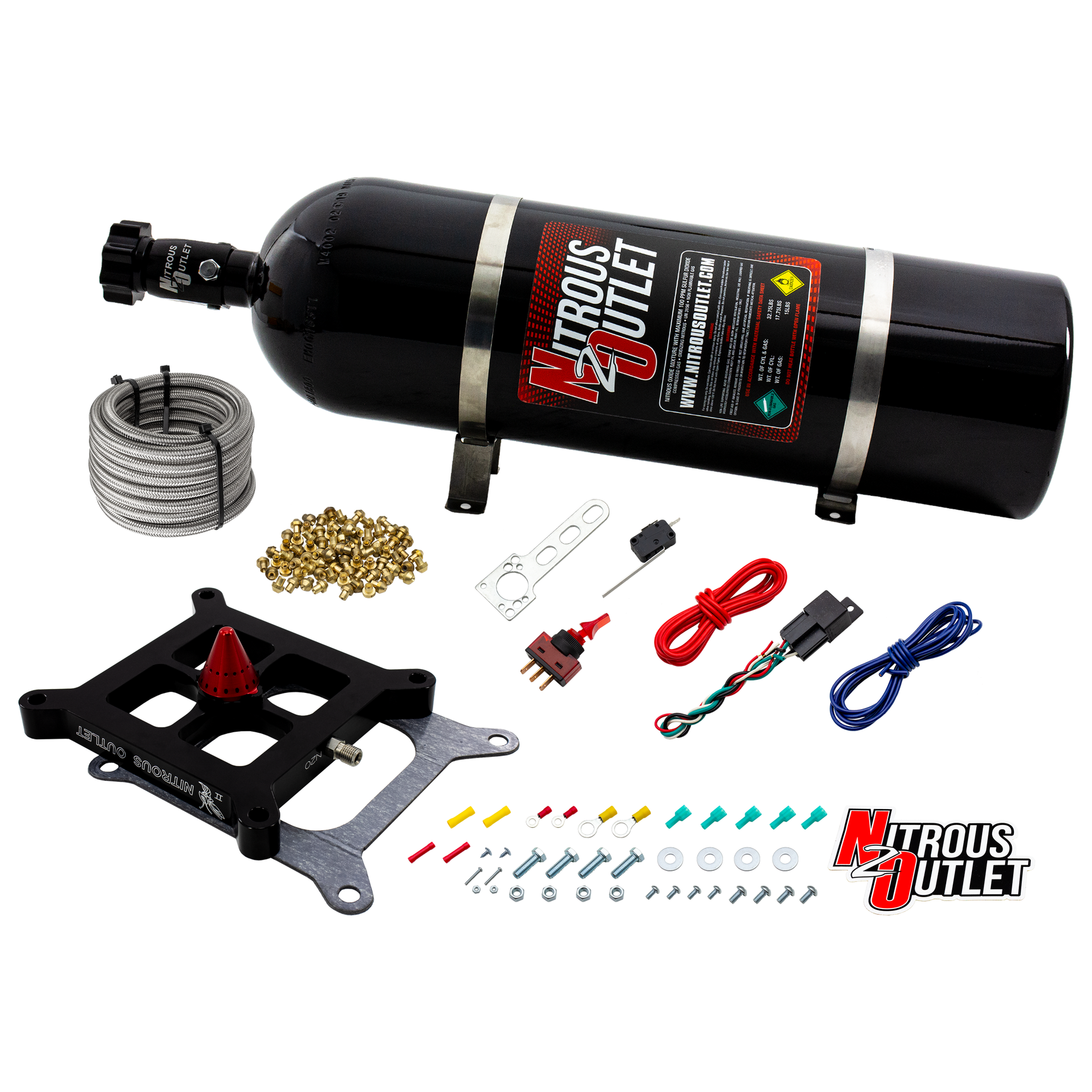 Nitrous Outlet 4150 Stinger 2 Dry Race System - Braided Hoses/.178 Trashcan Nitrous Solenoid/Universal Solenoid Bracket - (50-600 HP)(15lb Bottle)