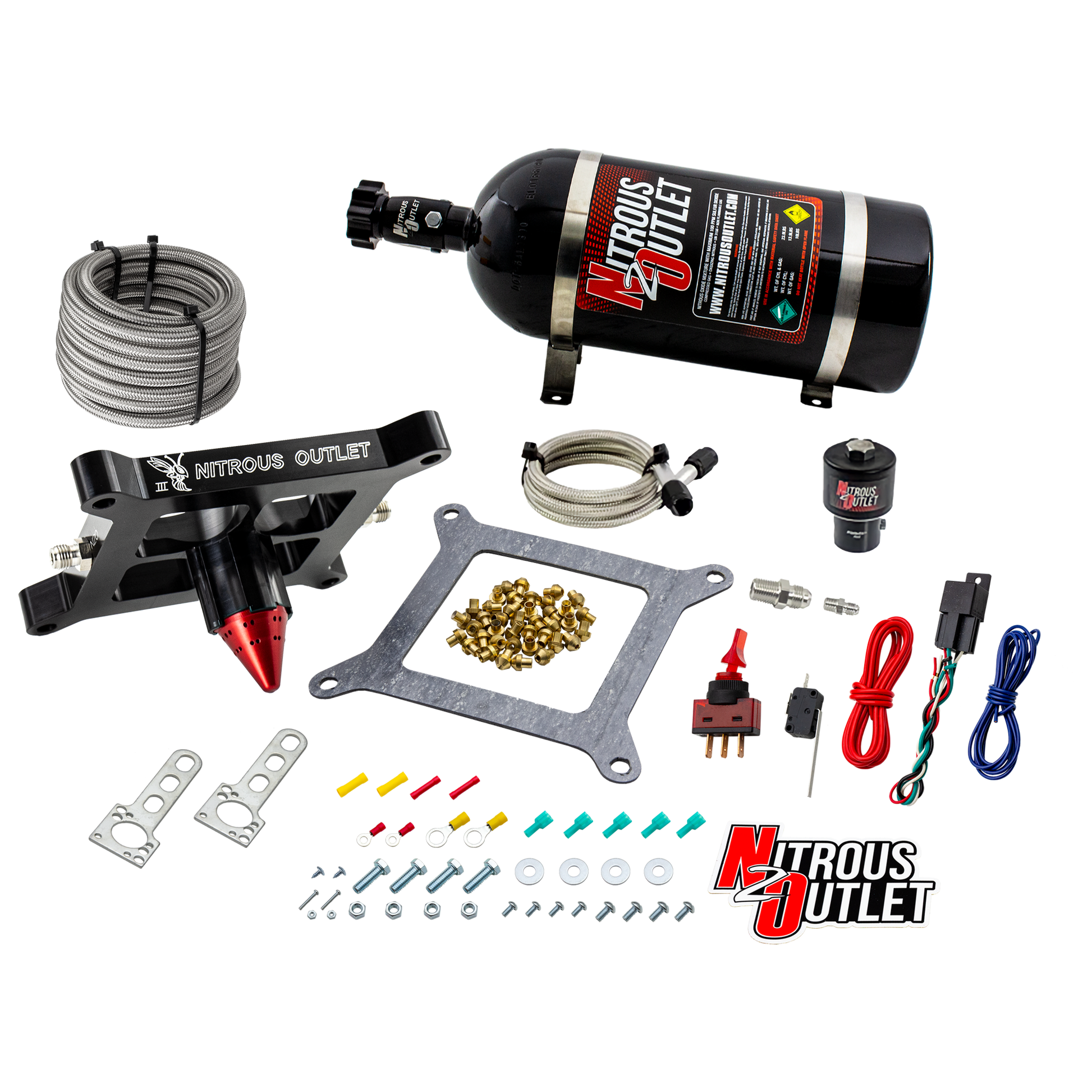 Nitrous Outlet 4150 Stinger 3 Dry Race System - Braided Hoses/.178 Trashcan Nitrous Solenoid/Universal Solenoid Bracket - (50-600 HP)(10lb Bottle)