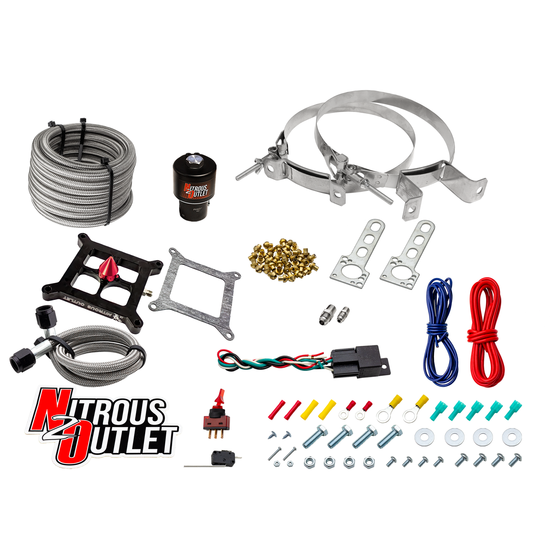 Nitrous Outlet 4150 Stinger 4 Dry Race System - Braided Hoses/.178 Trashcan Nitrous Solenoid/Universal Solenoid Bracket - (50-600 HP)(No Bottle)