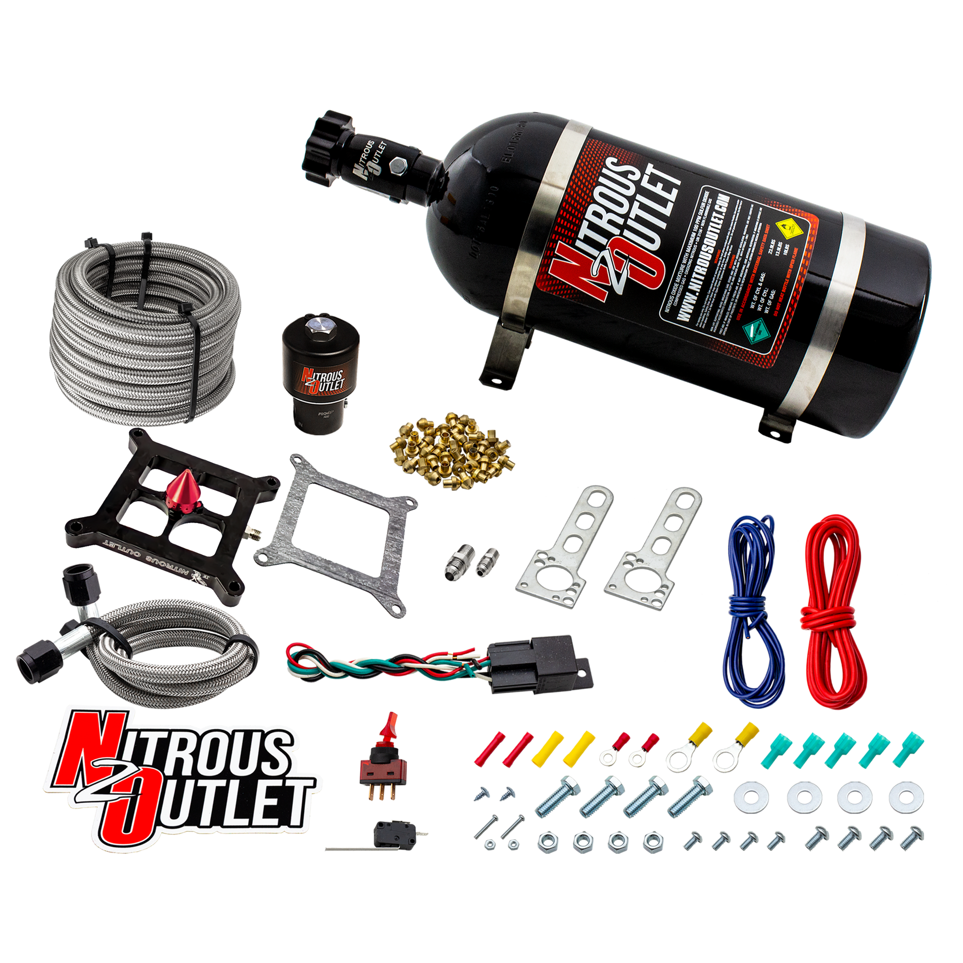 Nitrous Outlet 4150 Stinger 4 Dry Race System - Braided Hoses/.178 Trashcan Nitrous Solenoid/Universal Solenoid Bracket - (50-600 HP)(10lb Bottle)