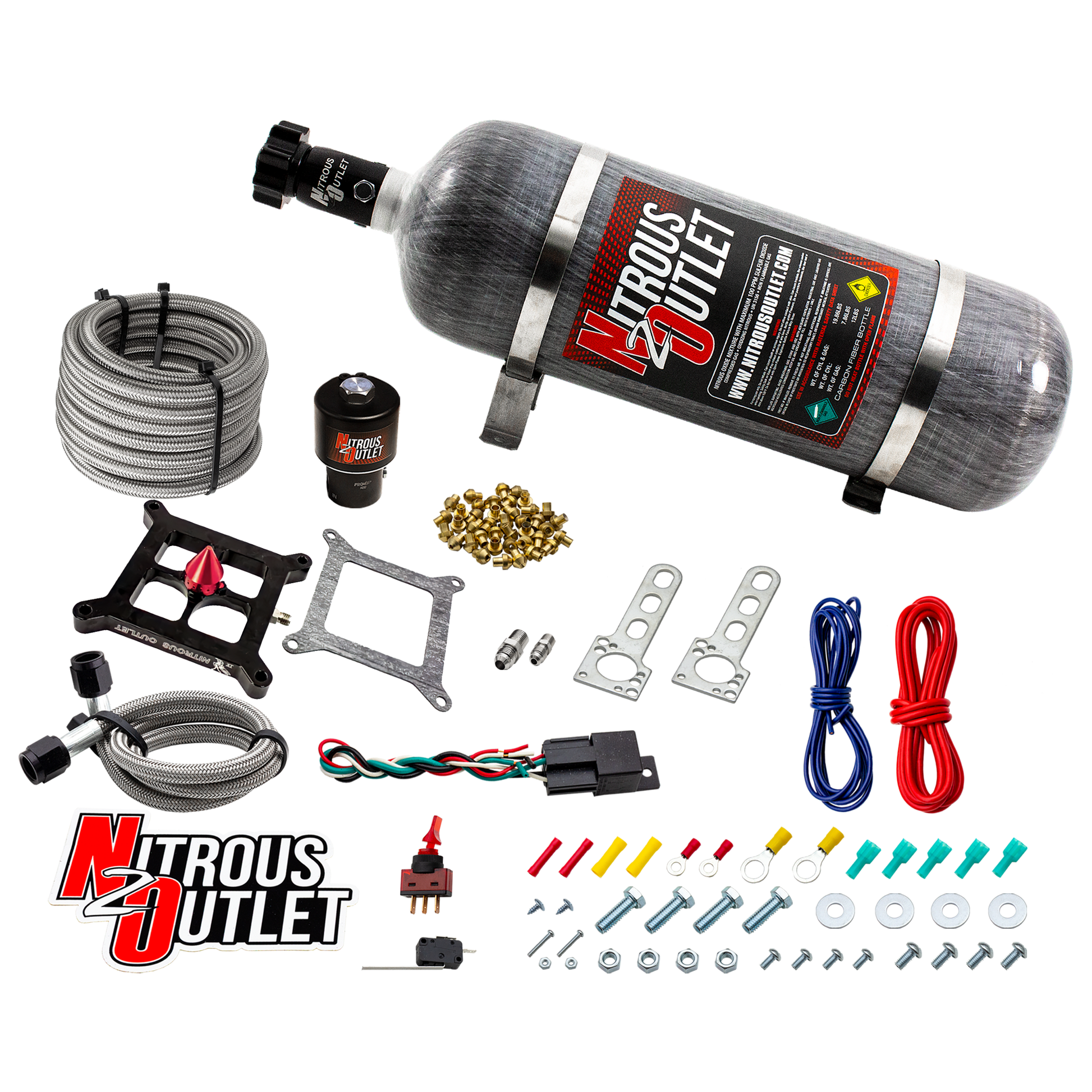 Nitrous Outlet 4150 Stinger 4 Dry Race System - Braided Hoses/.178 Trashcan Nitrous Solenoid/Universal Solenoid Bracket - (50-600 HP)(12lb Bottle)