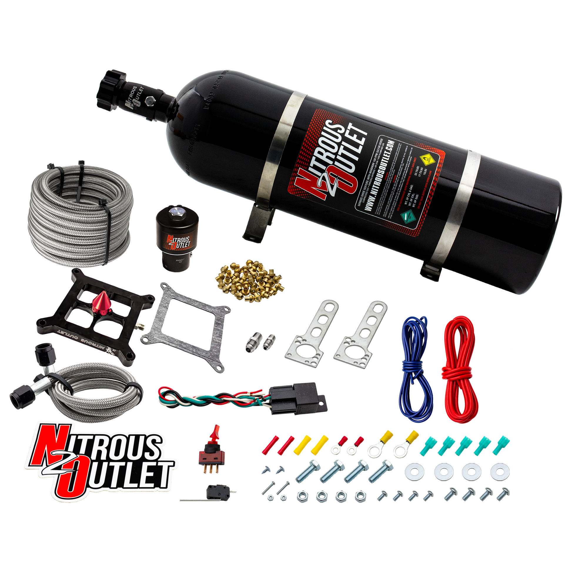 Nitrous Outlet 4150 Stinger 4 Dry Race System - Braided Hoses/.178 Trashcan Nitrous Solenoid/Universal Solenoid Bracket - (50-600 HP)(15lb Bottle)