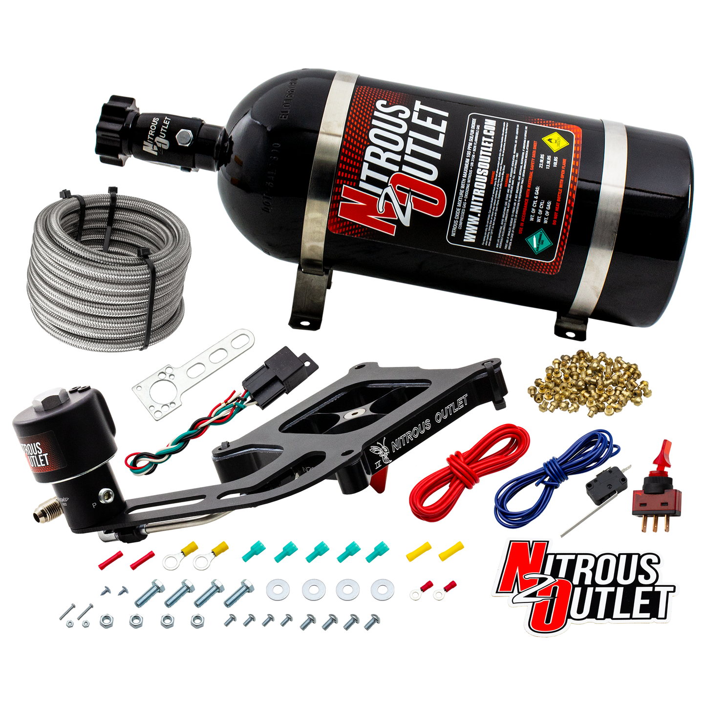 Nitrous Outlet 4150 Stinger 4 Dry Race System - Hard-line/.178 Trashcan Nitrous Solenoid/Boomerang Solenoid Bracket - (50-600 HP)(10lb Bottle)