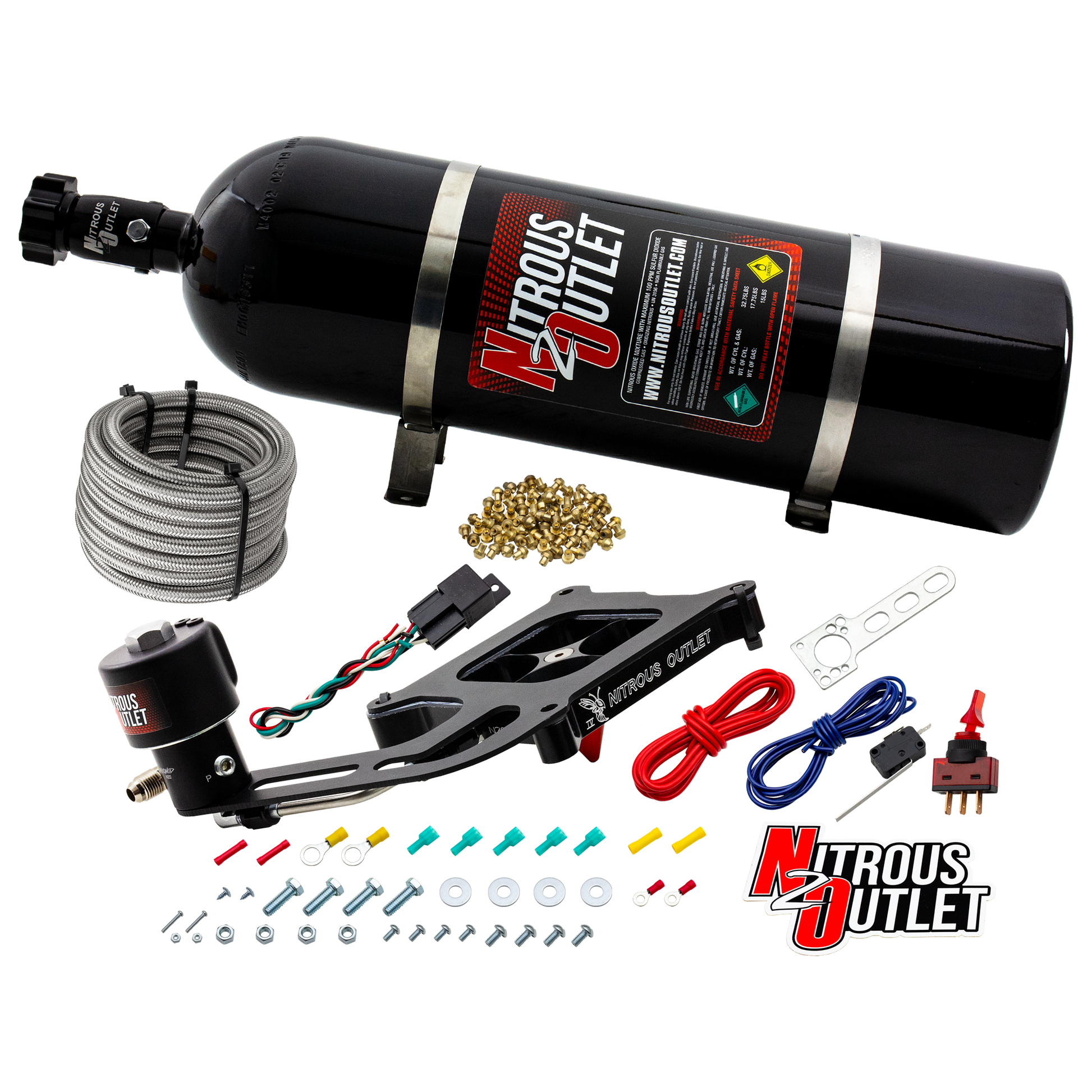 Nitrous Outlet 4150 Stinger 4 Dry Race System - Hard-line/.178 Trashcan Nitrous Solenoid/Boomerang Solenoid Bracket - (50-600 HP)(15lb Bottle)