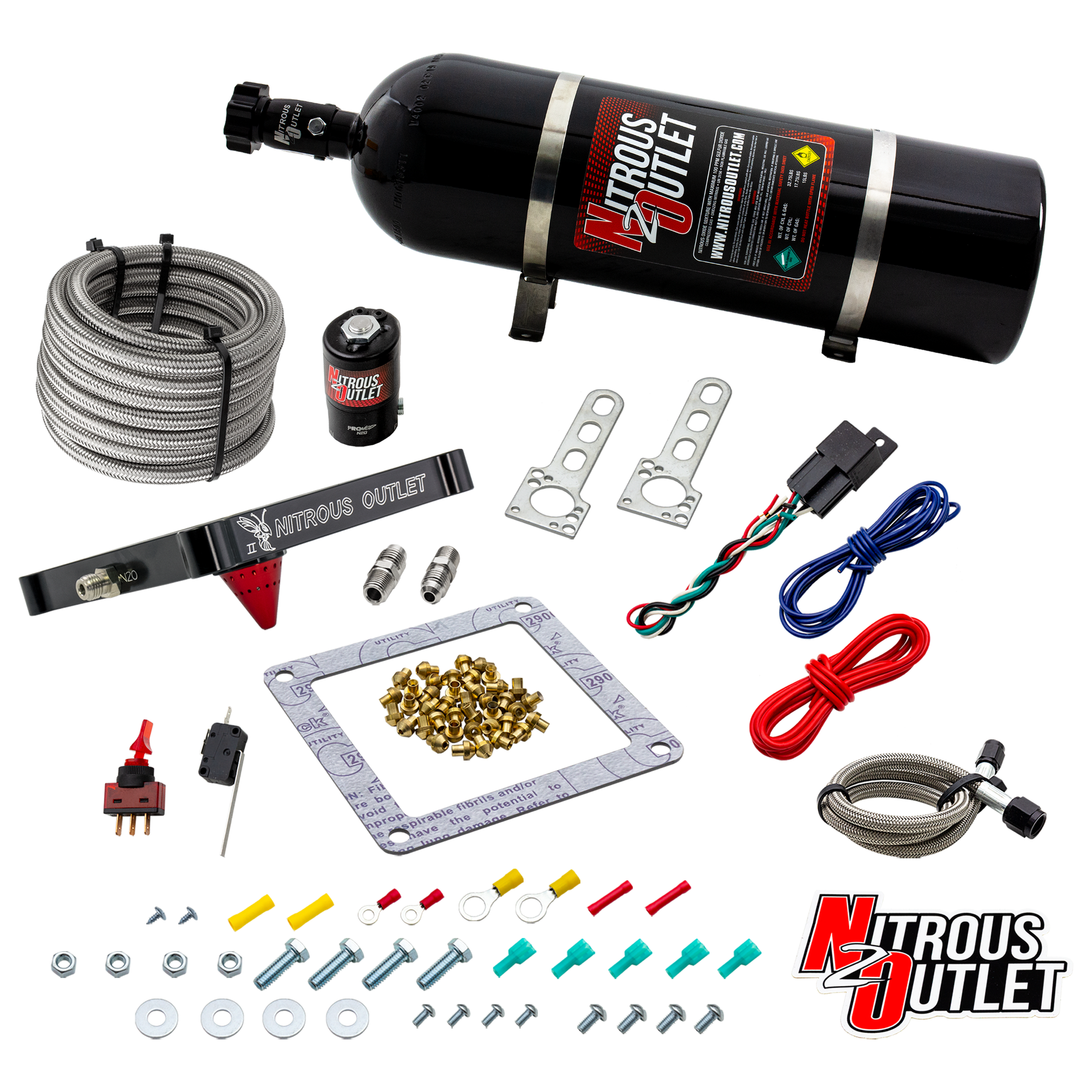 Nitrous Outlet 4500 Stinger 2 Dry System - Braided Hoses/.122 Nitrous Solenoid/Universal Solenoid Bracket - (50-500 HP)(15lb Bottle)