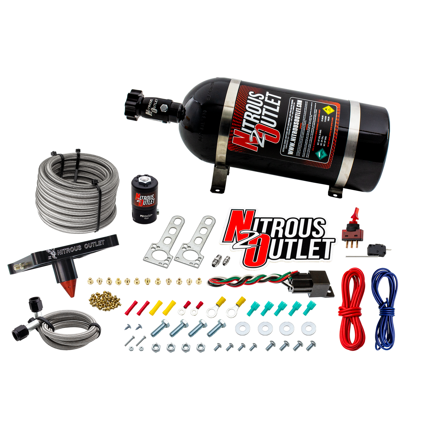 Nitrous Outlet 4500 Stinger 3 Dry System - Braided Hoses/.122 Nitrous Solenoid/Universal Solenoid Bracket - (50-500 HP)(10lb Bottle)