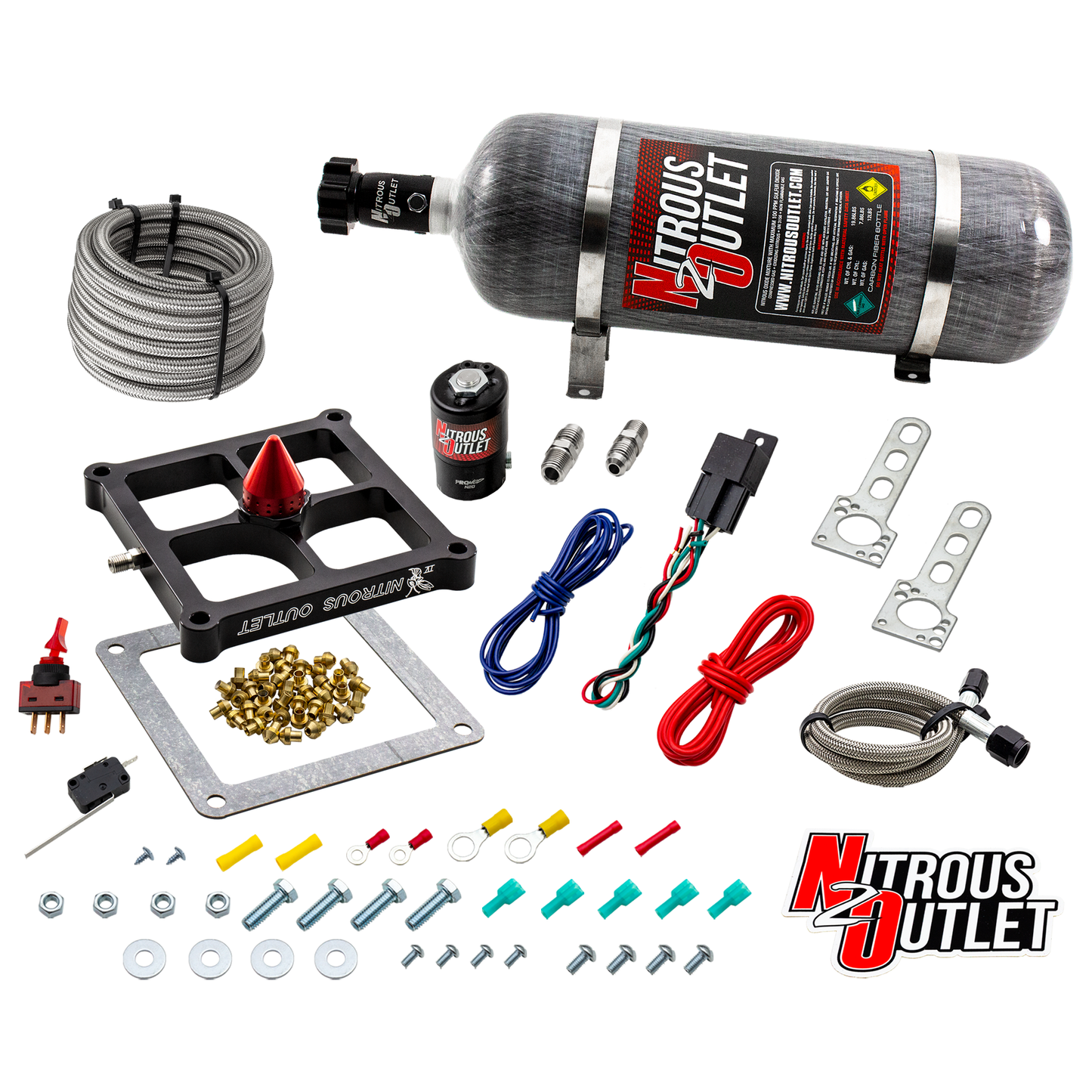 Nitrous Outlet 4500 Stinger 4 Dry System - Braided Hoses/.122 Nitrous Solenoid/Universal Solenoid Bracket - (50-500 HP)(12lb Bottle)