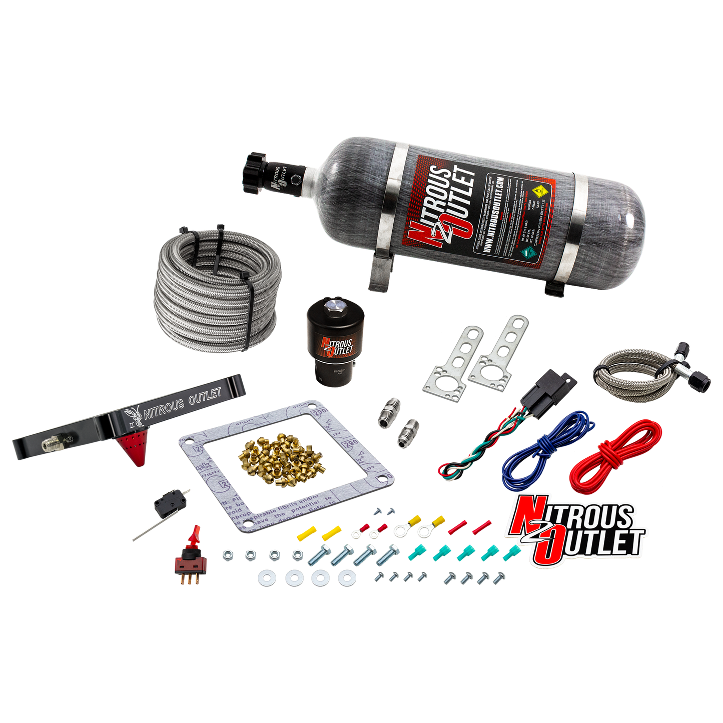 Nitrous Outlet 4500 Stinger 2 Dry Race System - Braided Hoses/.178 Trashcan Nitrous Solenoid/Universal Solenoid Bracket - (50-600 HP)(12lb Bottle)