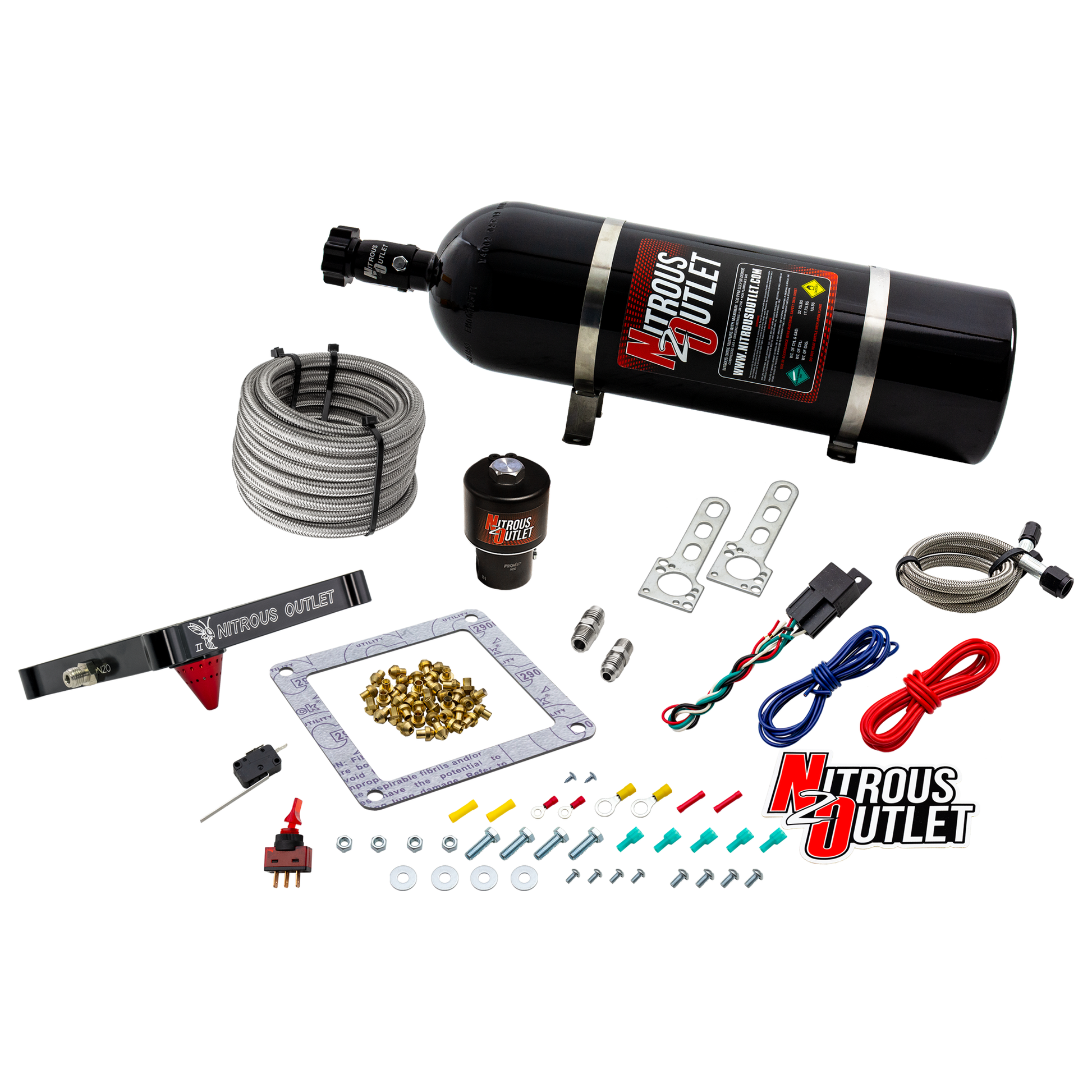 Nitrous Outlet 4500 Stinger 2 Dry Race System - Braided Hoses/.178 Trashcan Nitrous Solenoid/Universal Solenoid Bracket - (50-600 HP)(15lb Bottle)