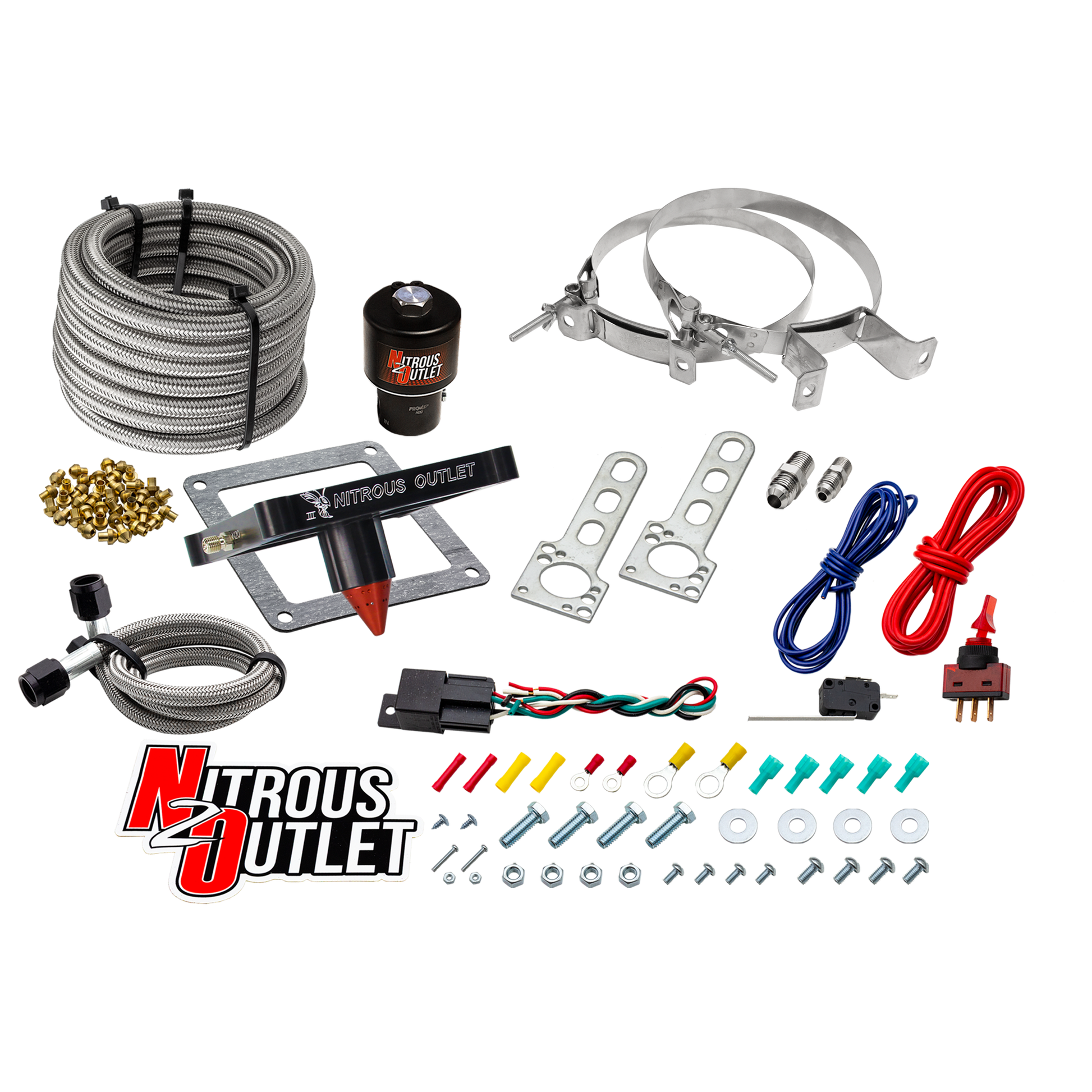 Nitrous Outlet 4500 Stinger 3 Dry Race System - Braided Hoses/.178 Trashcan Nitrous Solenoid/Universal Solenoid Bracket - (50-600 HP)(No Bottle)