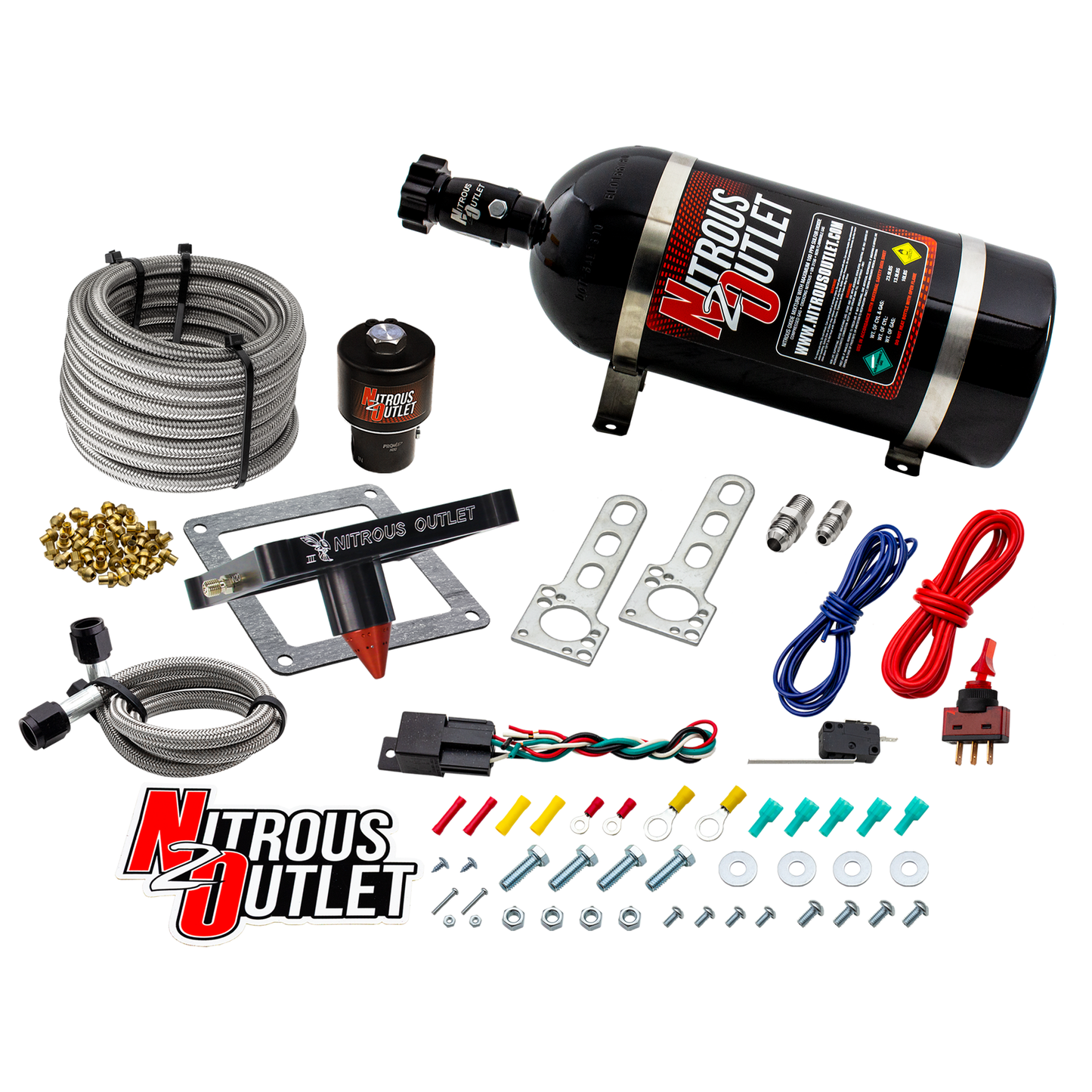 Nitrous Outlet 4500 Stinger 3 Dry Race System - Braided Hoses/.178 Trashcan Nitrous Solenoid/Universal Solenoid Bracket - (50-600 HP)(10lb Bottle)