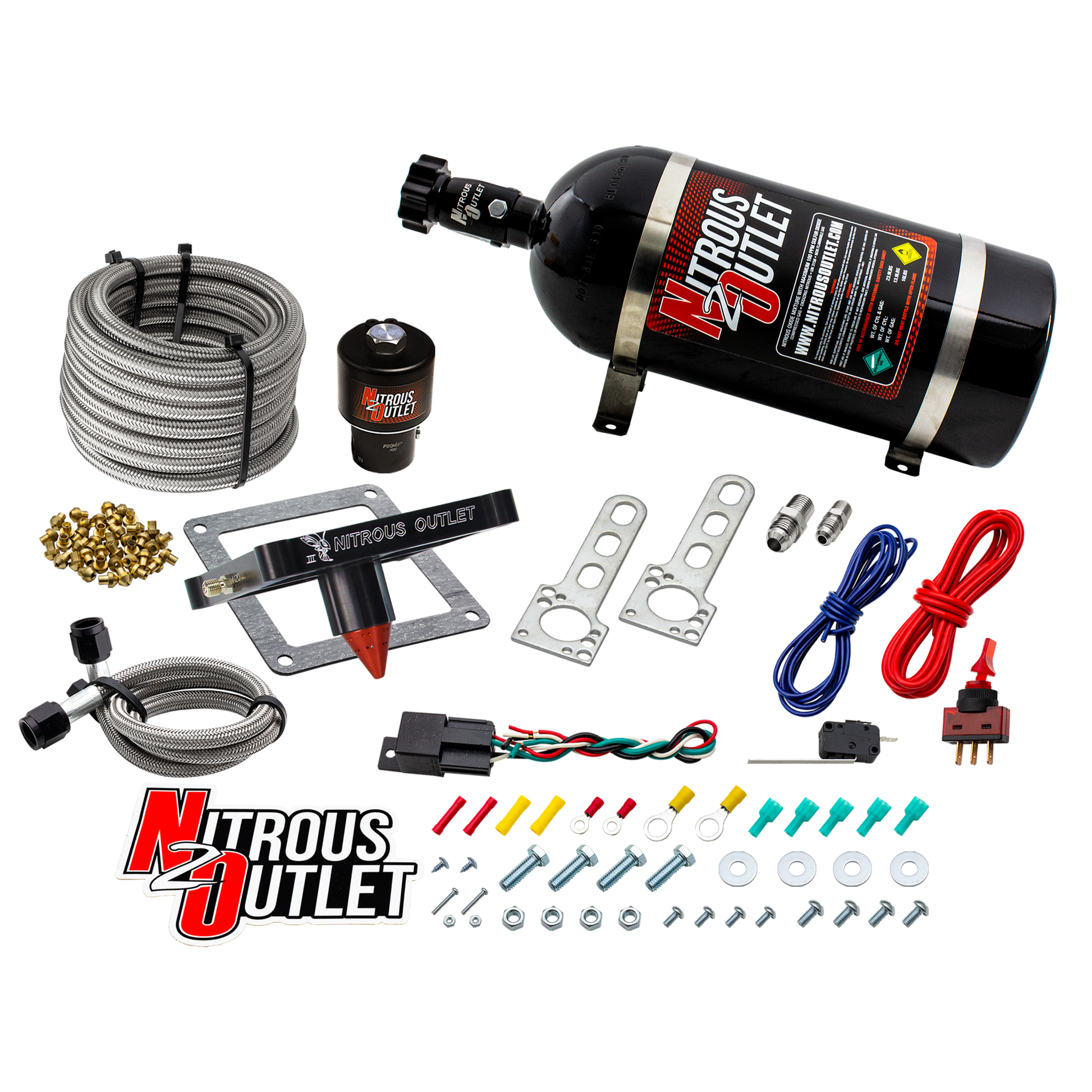 Nitrous Outlet 4500 Stinger 3 Dry Race System - Braided Hoses/.178 Trashcan Nitrous Solenoid/Universal Solenoid Bracket - (50-600 HP)(10lb Bottle)