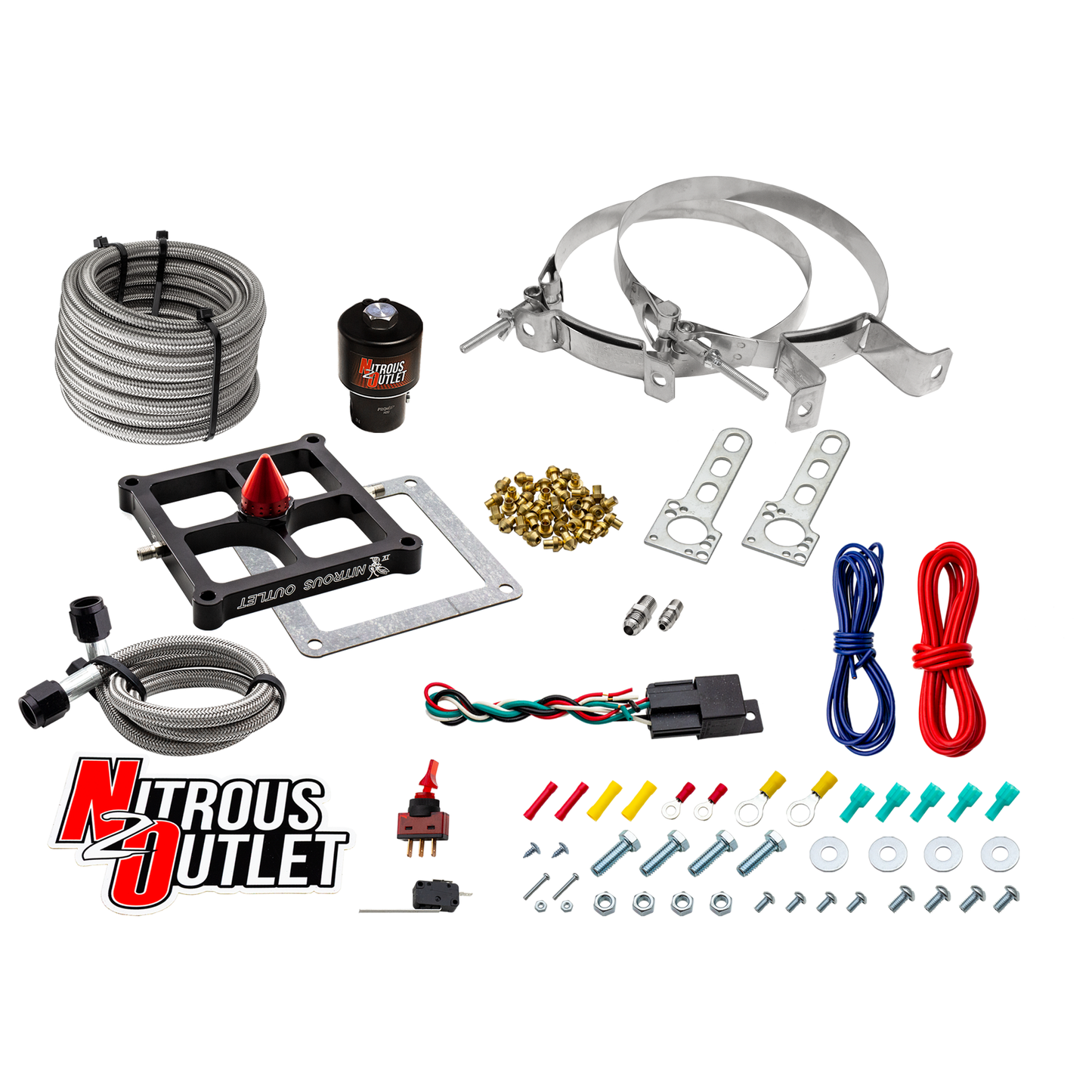 Nitrous Outlet 4500 Stinger 4 Dry Race System - Braided Hoses/.178 Trashcan Nitrous Solenoid/Universal Solenoid Bracket - (50-600 HP)(No Bottle)