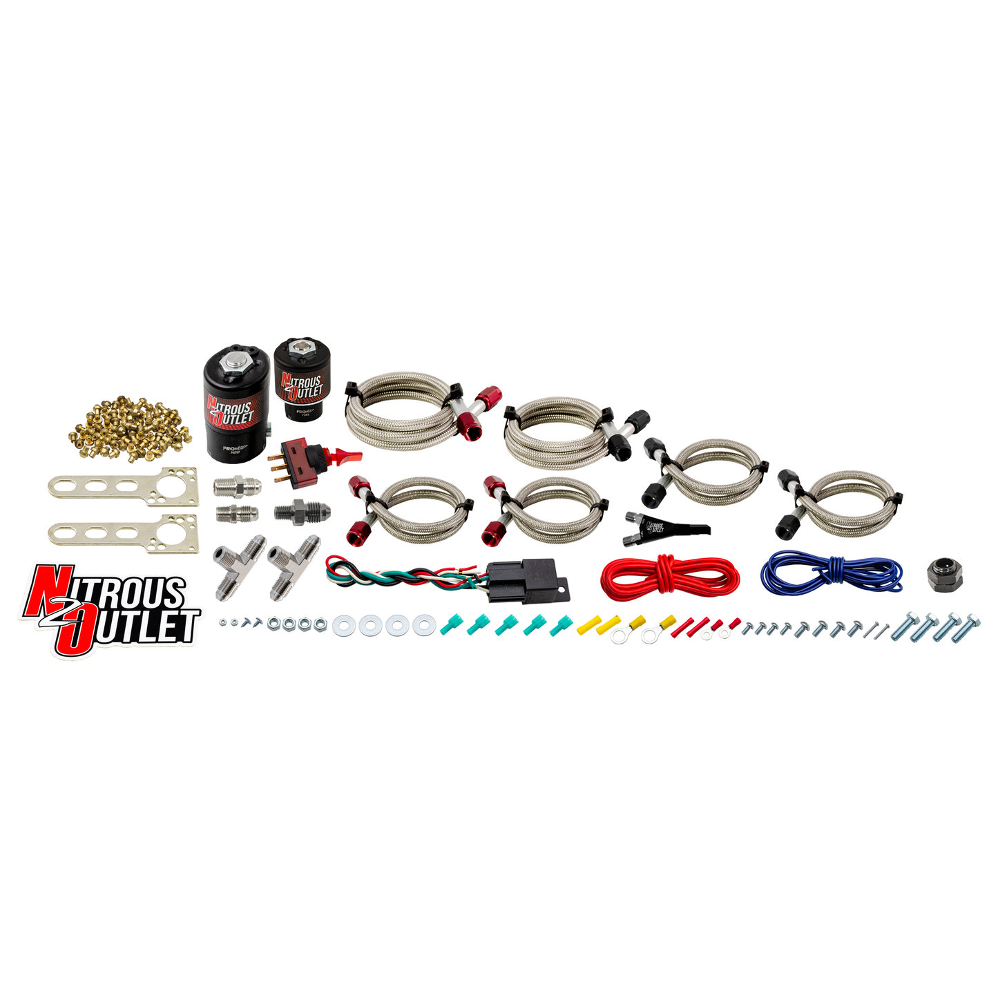 Nitrous Outlet Single To Dual Stage Conversion Kit - Braided Hoses/.122 Nitrous Solenoid/.177 Fuel Solenoid/1/8" NPT 90 Degree Nozzle/Universal Solenoid Brackets (Gas/E85)(35-200HP)