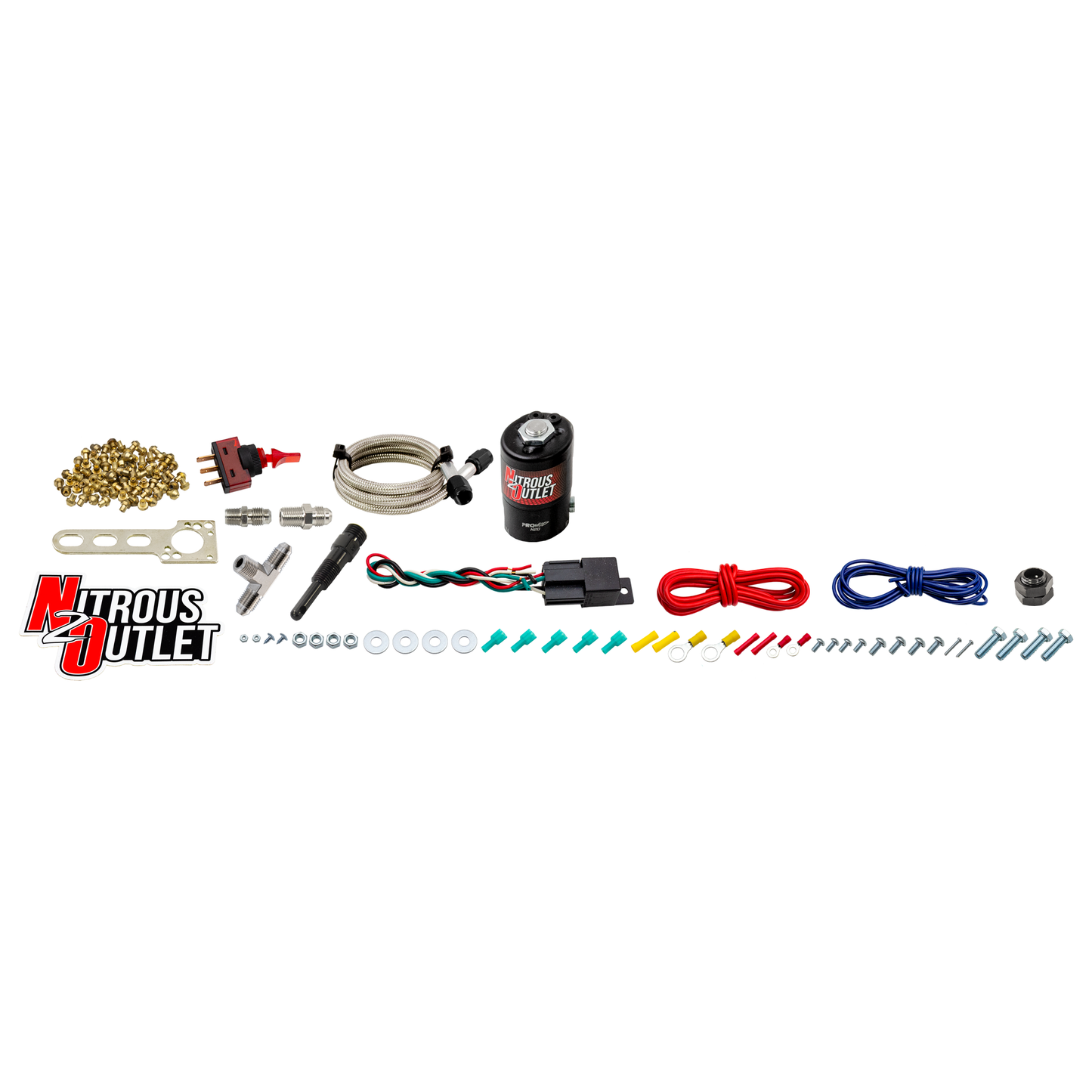 Nitrous Outlet Single To Dual Stage Dry Conversion Kit - Braided Hoses/.122 Nitrous Solenoid/1/16" NPT 90 Degree Nozzle/Universal Solenoid Brackets (Gas/E85)(35-200HP)