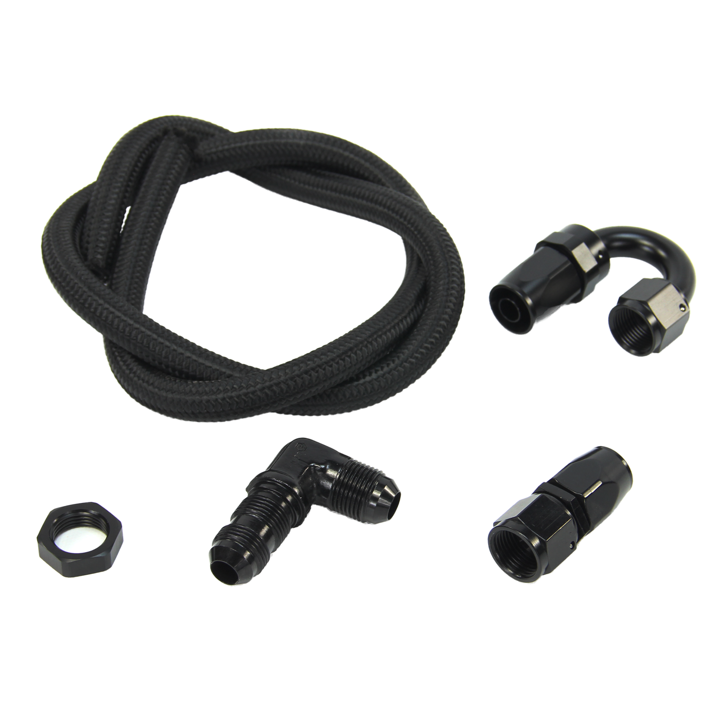 Nitrous Outlet 8AN Pressure Relief Kit - 180 Degree to 90 Degree Bulk Head/3' Steel Braided Hose/Black Fittings