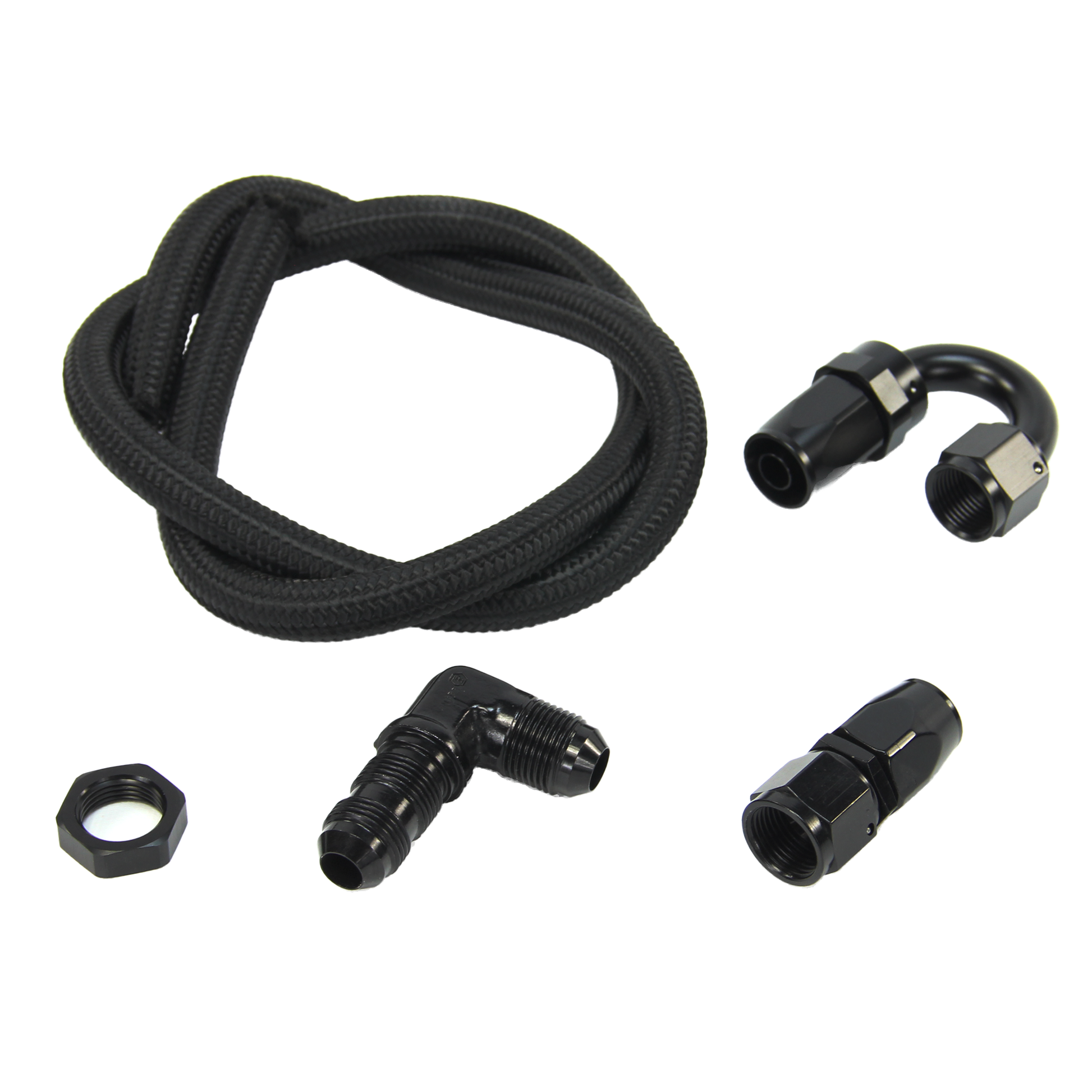 Nitrous Outlet 8AN Pressure Relief Kit - 180 Degree to 90 Degree Bulk Head/3' Steel Braided Hose/Black Fittings