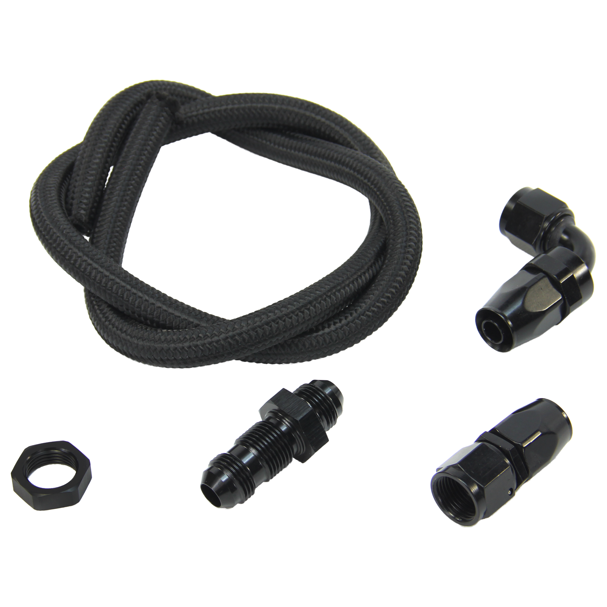 Nitrous Outlet 8AN Pressure Relief Kit - 90 Degree to Straight Bulk Head/3' Steel Braided Hose/Black Fittings