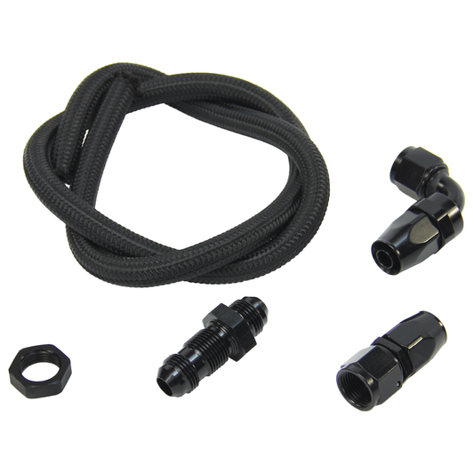Nitrous Outlet 8AN Pressure Relief Kit - 90 Degree to Straight Bulk Head/3' Steel Braided Hose/Black Fittings