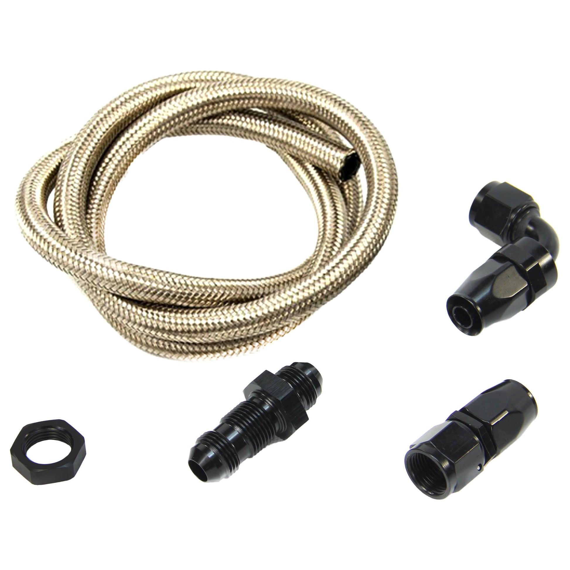 Nitrous Outlet 8AN Pressure Relief Kit - 90 Degree to 90 Degree Bulk Head/3' Steel Braided Hose/Black Fittings
