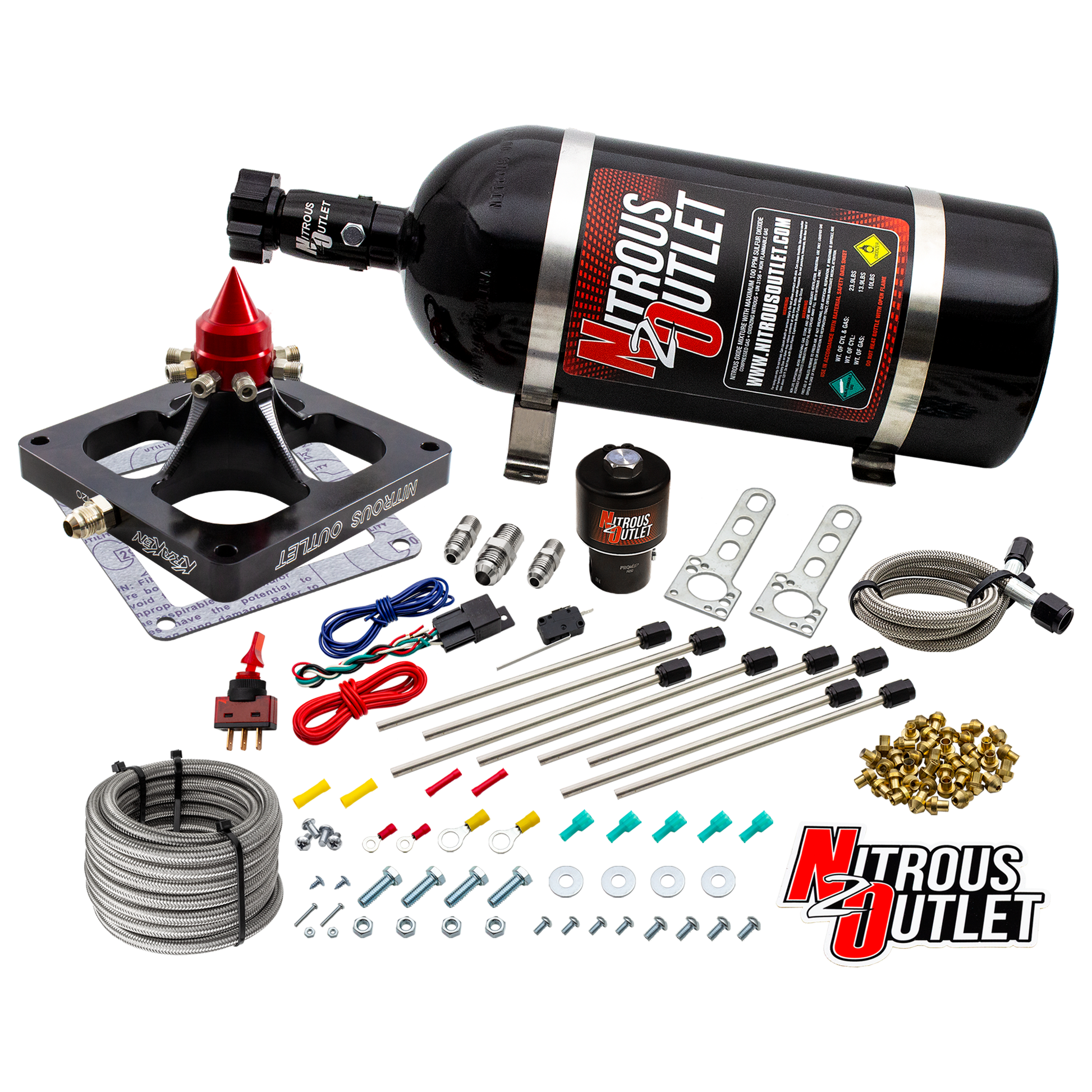 Nitrous Outlet 4500 Dry Kraken Plate System - Braided Hose/.178 MOD Trashcan Nitrous Solenoid/Universal Solenoid Bracket (100-800hp)(10lb Bottle)