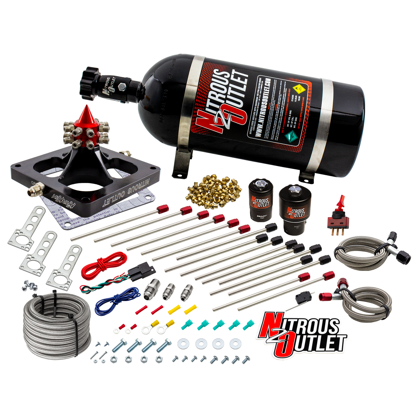 Nitrous Outlet 4500 Kraken Plate System - Braided Hose/.178 MOD Trashcan Nitrous Solenoid/.310 Fuel Solenoid/Universal Solenoid Brackets (Alcohol)(5-7-10 psi)(100-800 HP)(10lb Bottle)