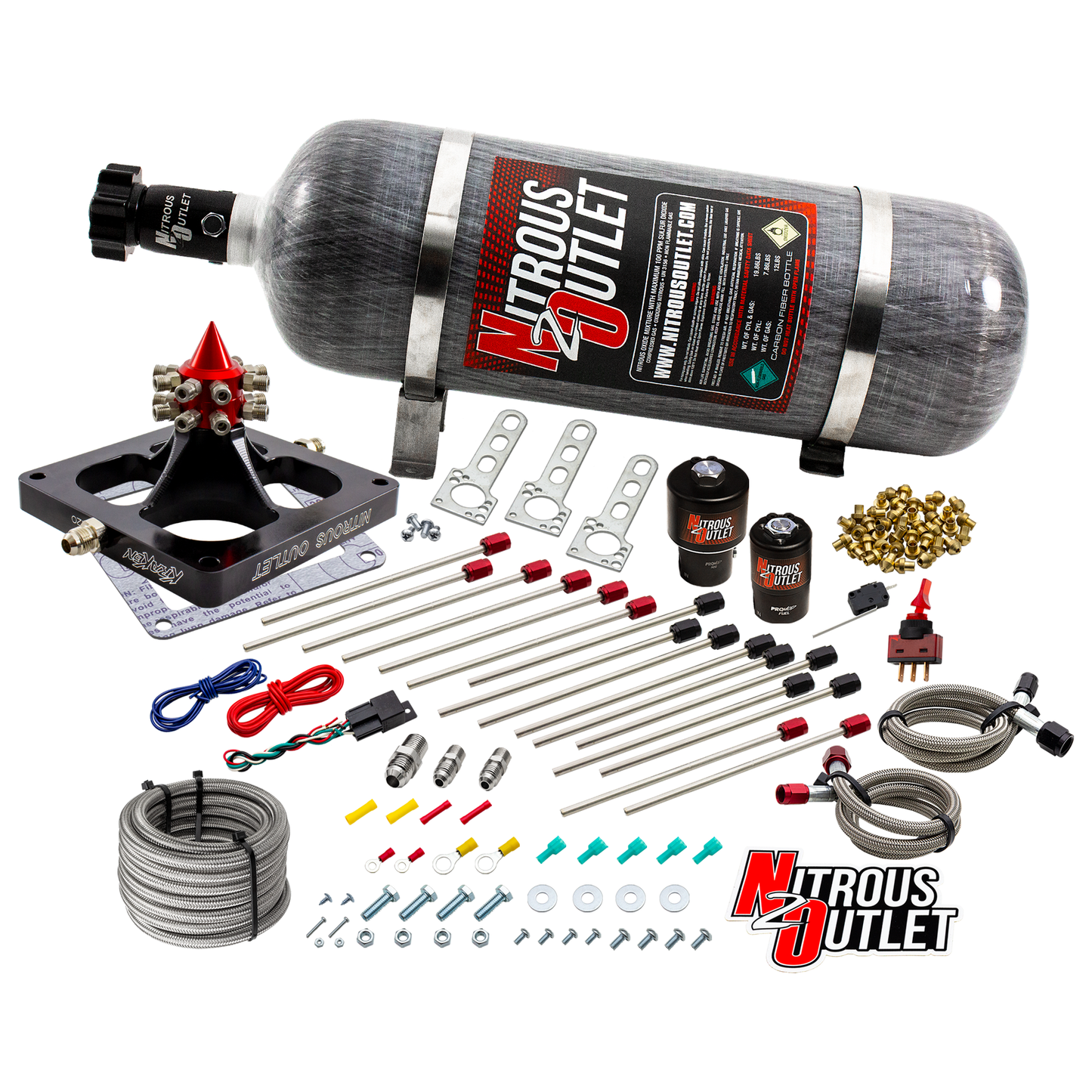 Nitrous Outlet 4500 Kraken Plate System - Braided Hose/.178 MOD Trashcan Nitrous Solenoid/.310 Fuel Solenoid/Universal Solenoid Brackets (Alcohol)(5-7-10 psi)(100-800 HP)(12lb Bottle)