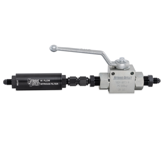 Nitrous Outlet Stainless Steel Inline Shut Off Ball Valve With Filter - 7,250 PSI / 8AN Fittings