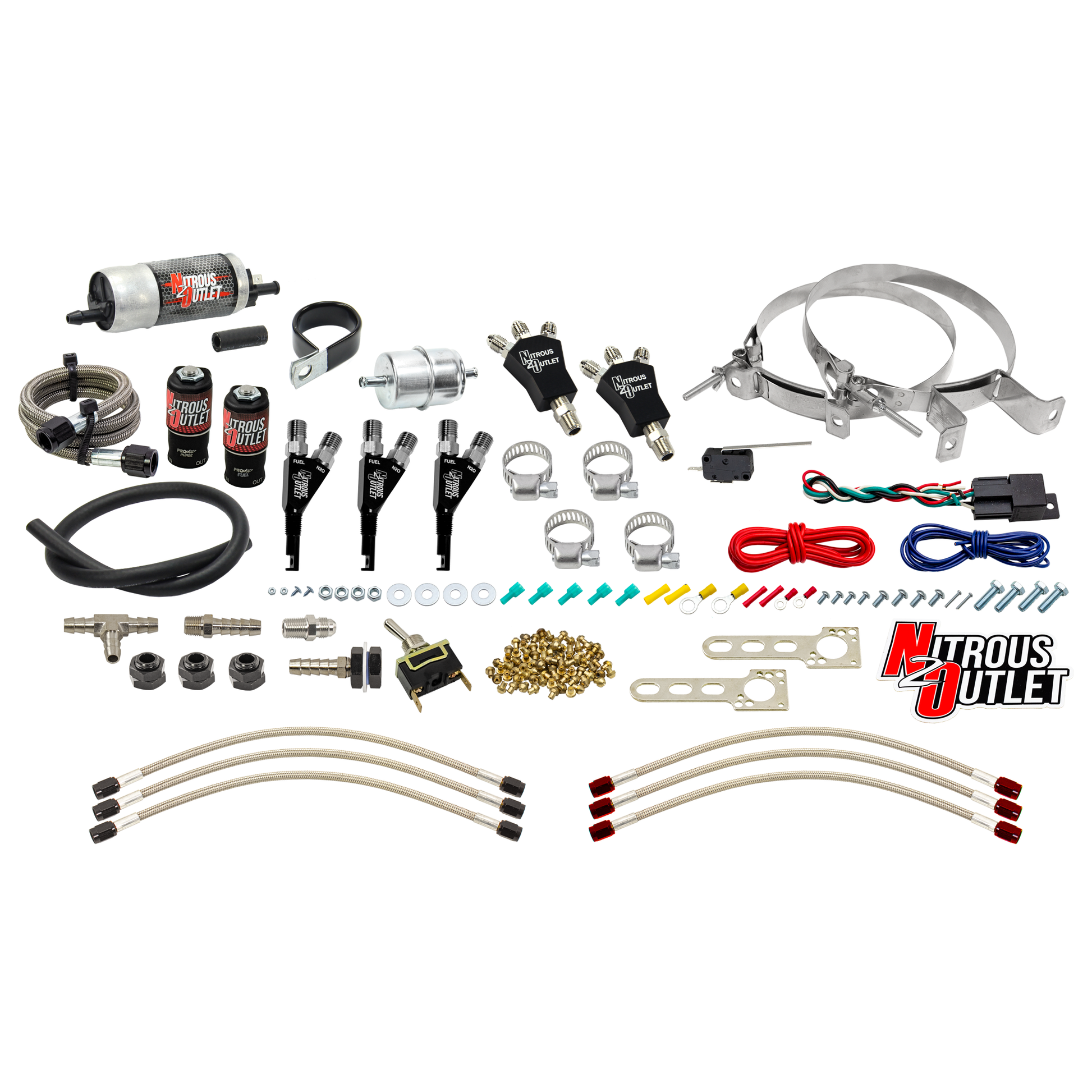 Nitrous Outlet Powersports Three Cylinder Wet Nozzle System (Aluminum 90 Degree Nozzles)(Gas)(6 psi)(30,45,60,75,90 HP)(No Bottle)