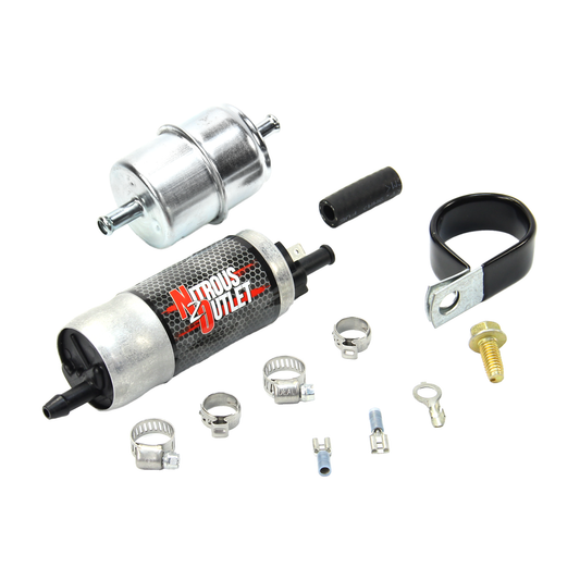 Nitrous Outlet Powersports Electric Fuel Pump- 30 gph @ 6psi/5/16 Barb Inlet And Exit/Filter/ Clamp